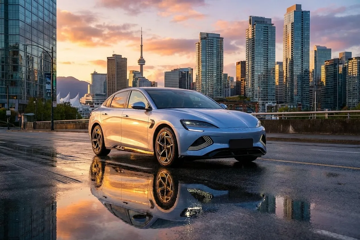 BYD Seal electric sedan on a Canadian city street at golden hour