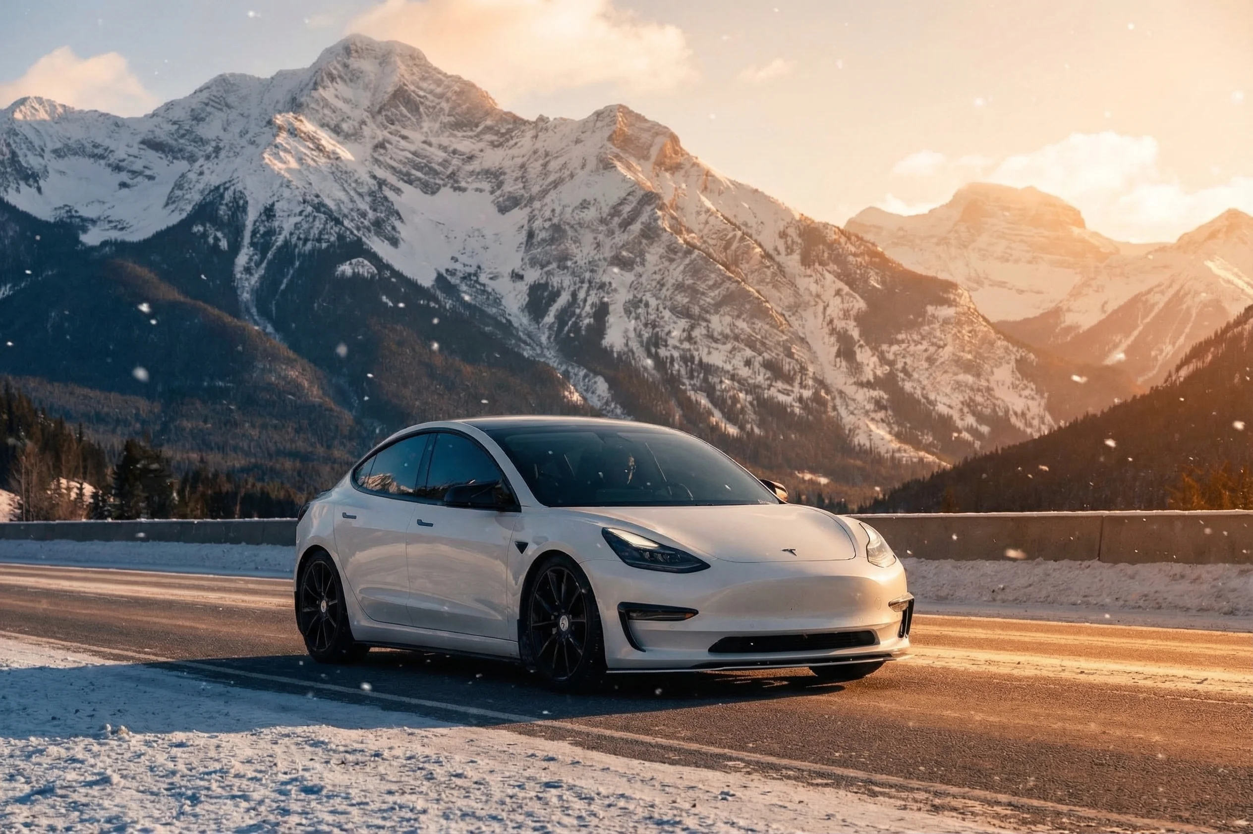 White Tesla Model 3 driving through Canadian Rocky Mountain highway in winter with golden hour lighting and snow flurries