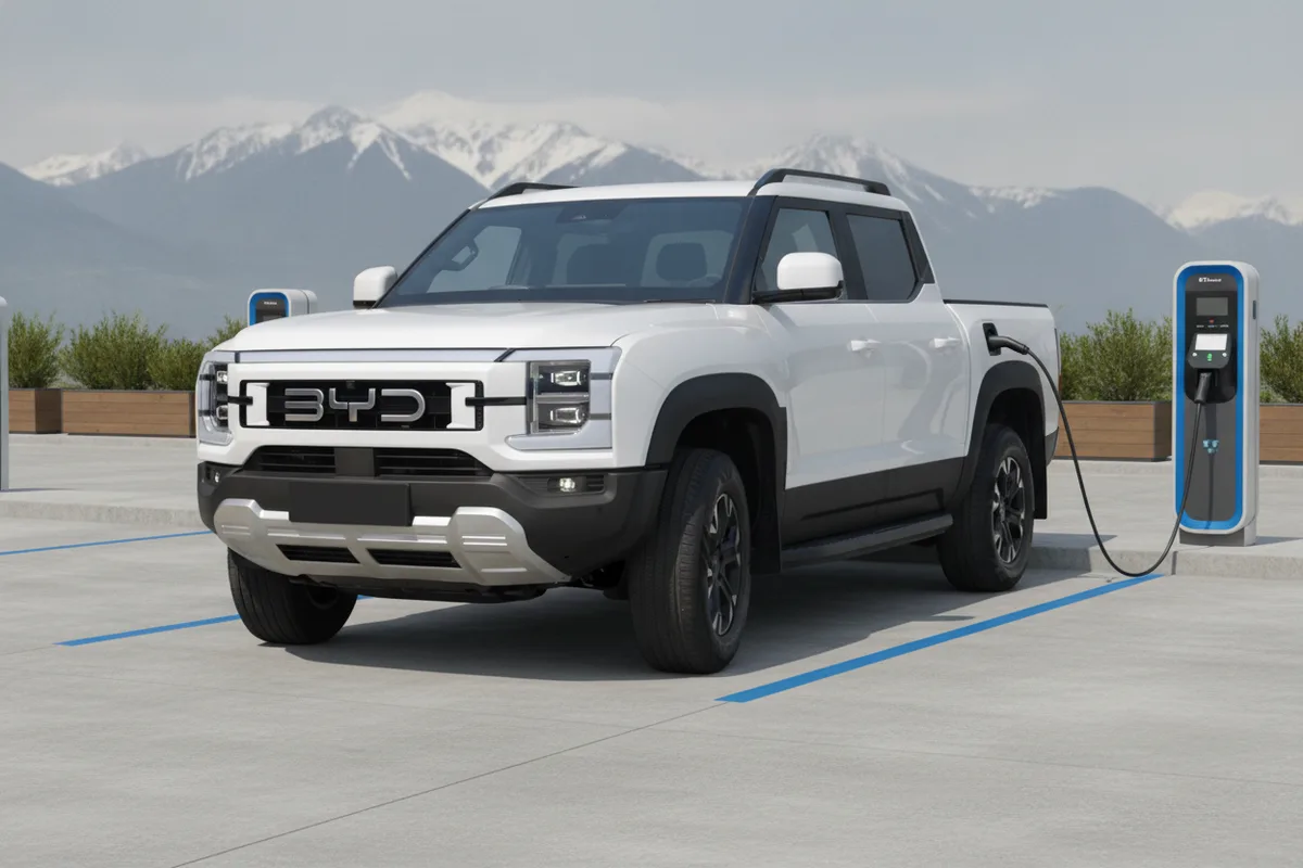 BYD Shark 6 plug-in hybrid pickup plugged into a Canadian public EV charging station
