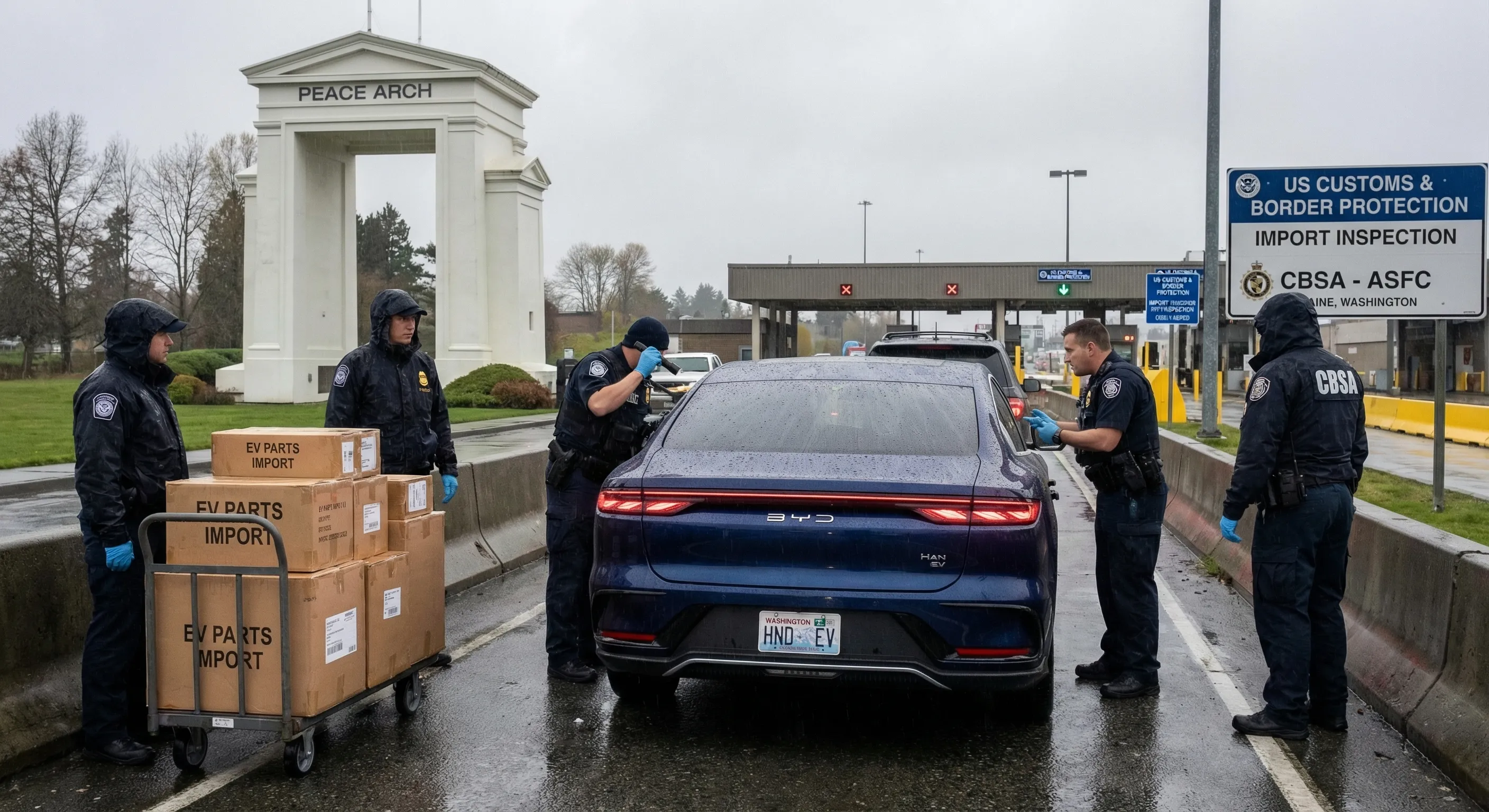 BYD electric vehicle at a US-Canada border crossing checkpoint with customs and import inspection theme