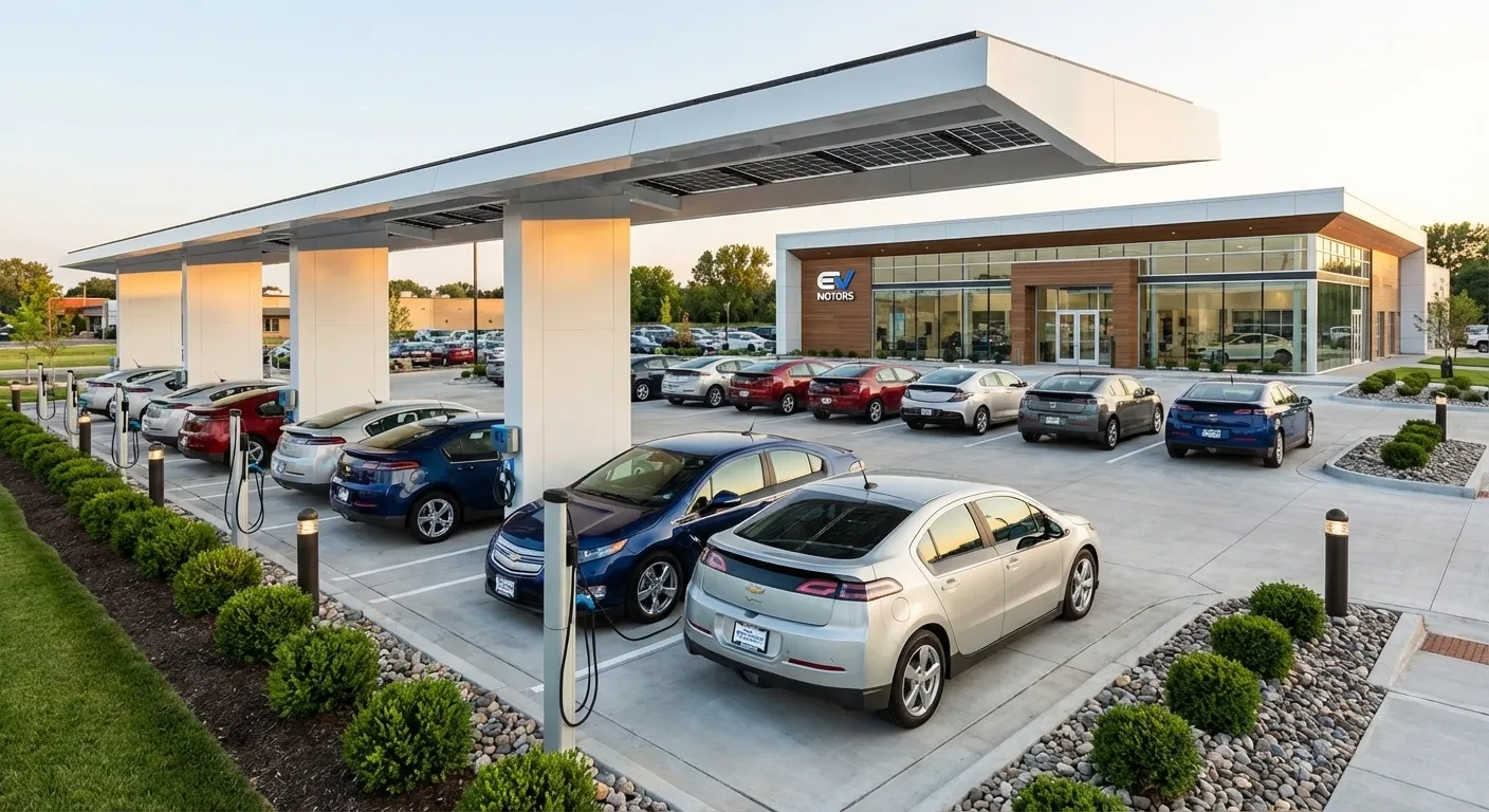 EV dealership with solar-powered charging station canopy