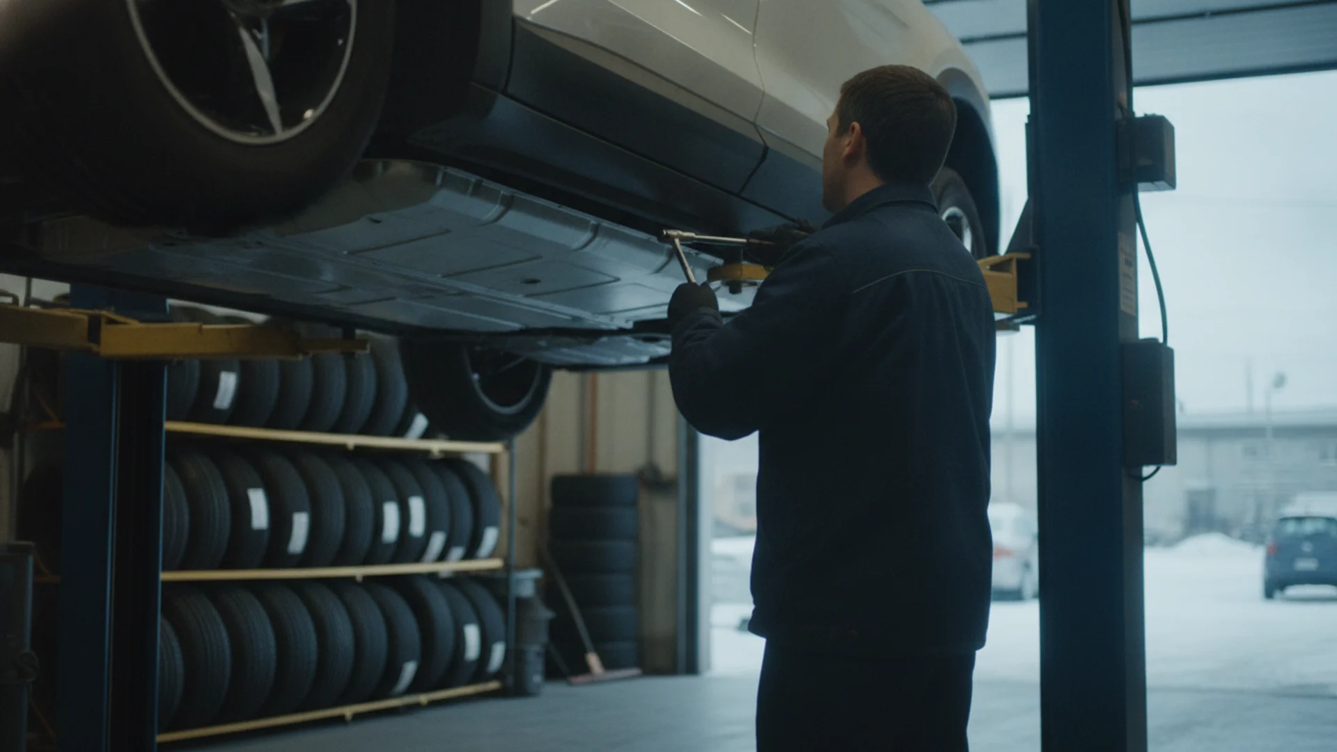 Certified technician servicing an electric vehicle in a Canadian repair shop bay