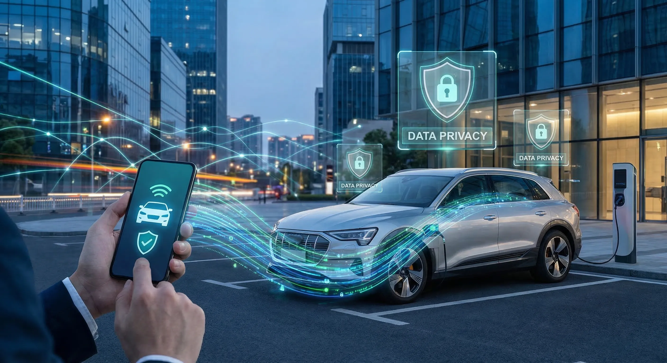 Connected car data privacy visualization showing EV transmitting digital data streams with cybersecurity shield — Canadian privacy considerations