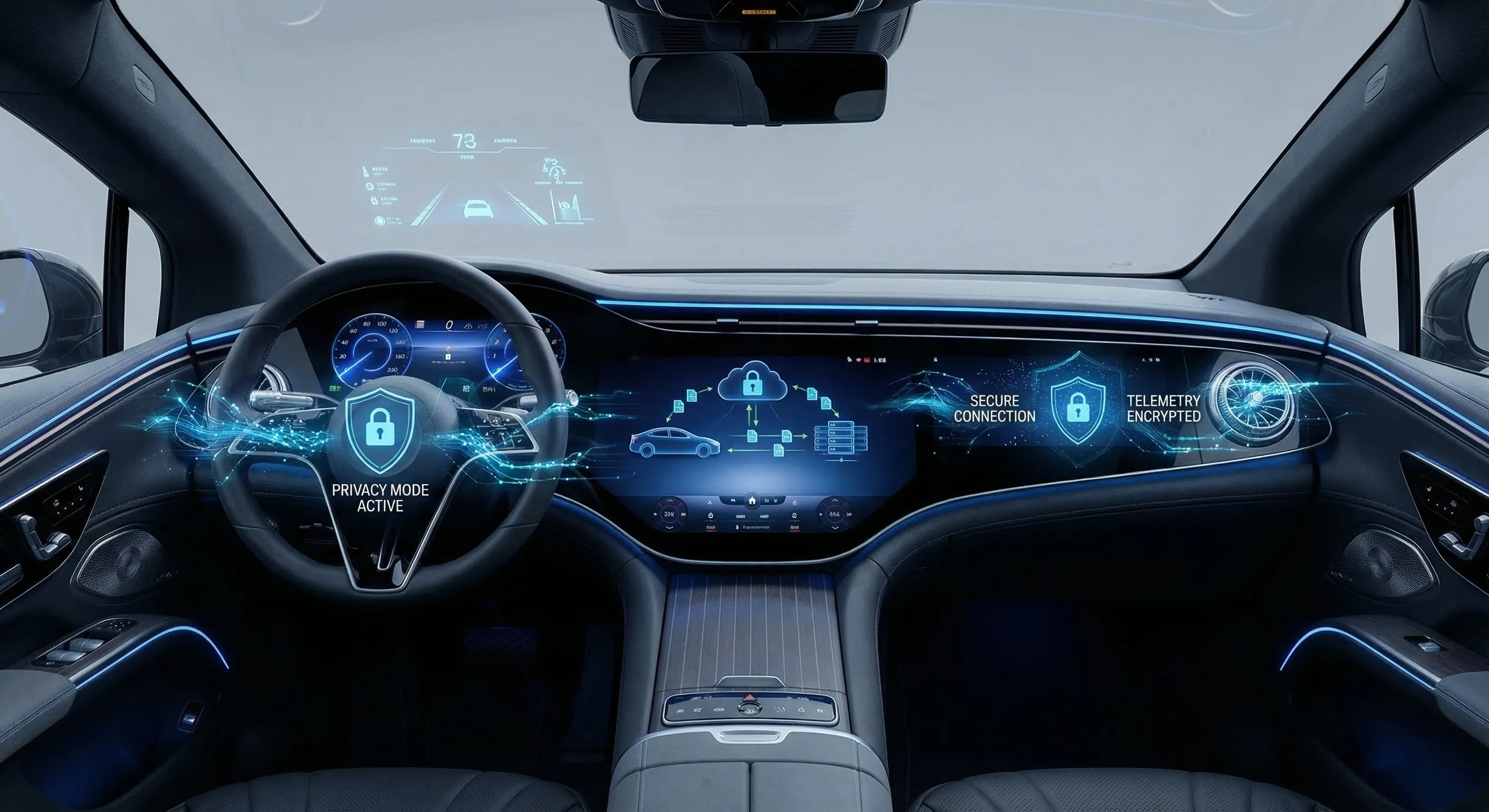 Connected car dashboard showing digital data streams and telemetry in a modern EV interior — connected vehicle privacy visualization