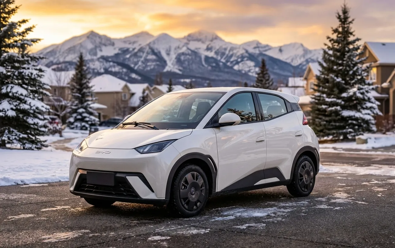 BYD Seagull compact electric car on a Canadian suburban driveway with mountains in the distance