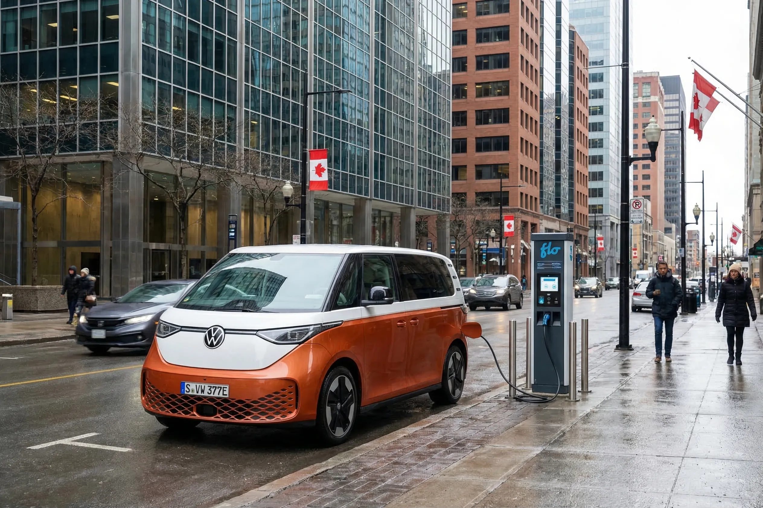 Volkswagen ID.Buzz electric minivan in Canadian urban setting with EV charging infrastructure