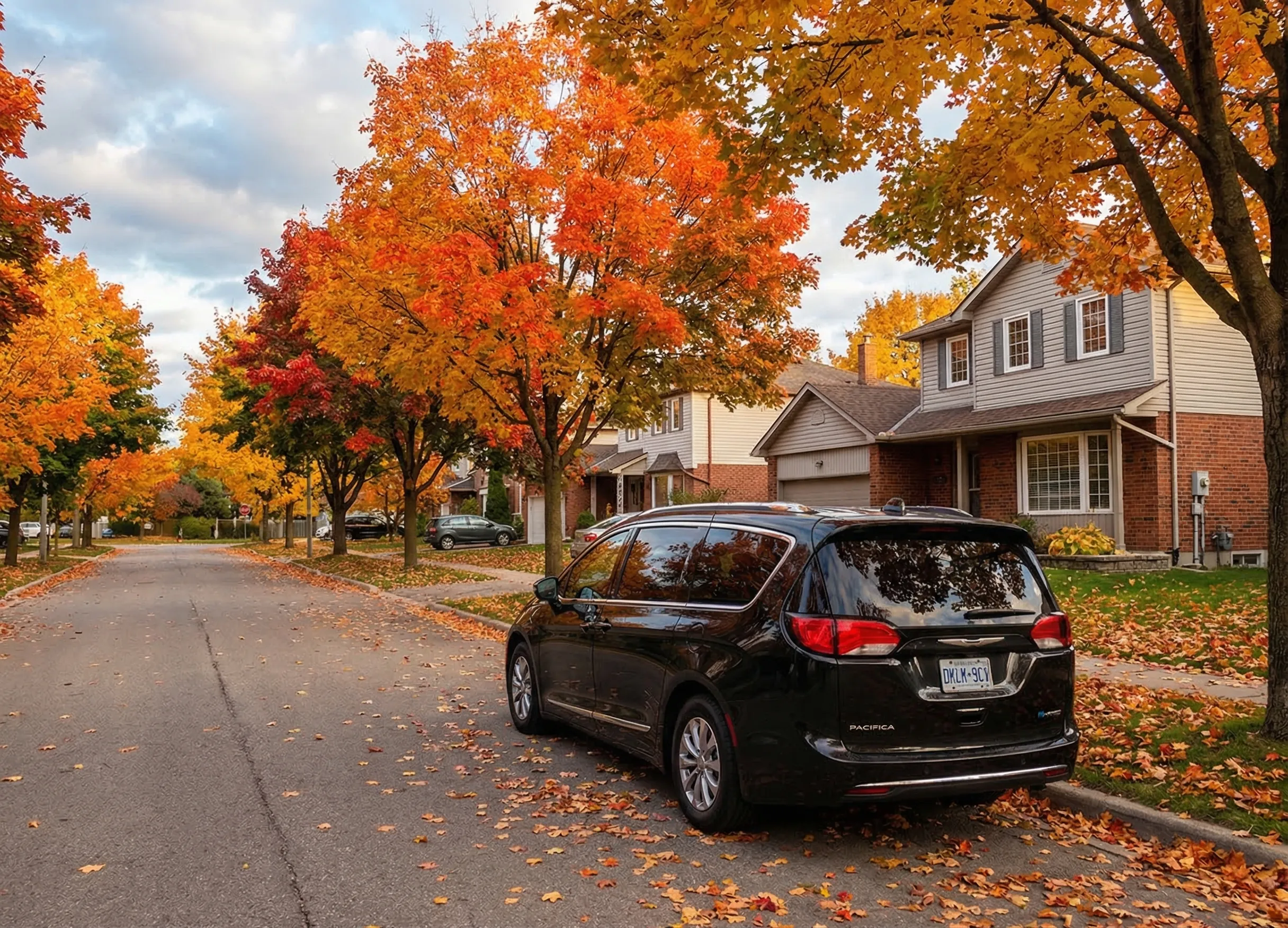 Chrysler Pacifica PHEV in Canadian autumn setting — real-world family EV for suburban Canada