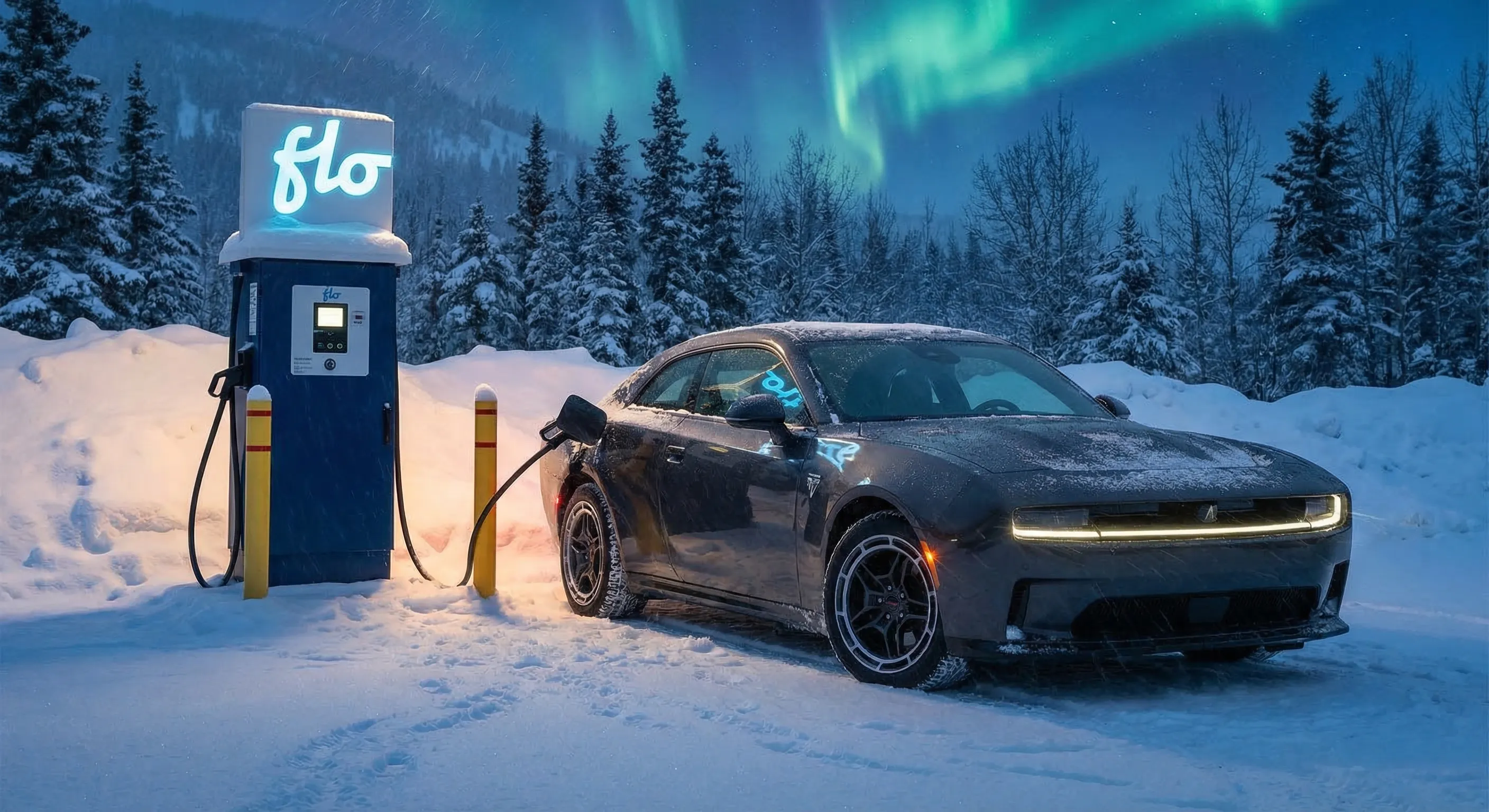Two EV fast-charging stations on a Canadian highway corridor in winter conditions