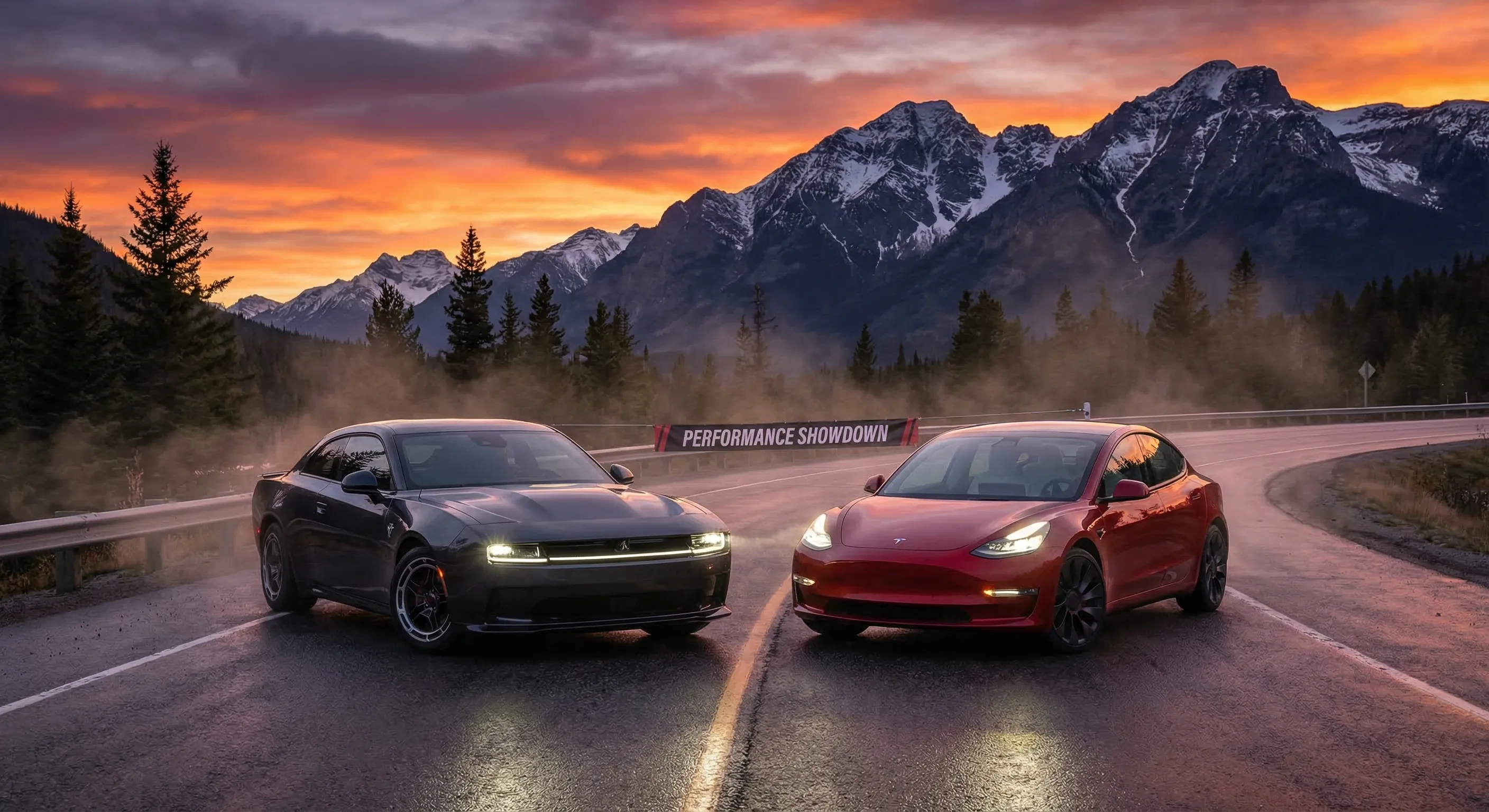 Dodge Charger Daytona EV and Tesla Model 3 Performance facing off on a Canadian highway at sunset