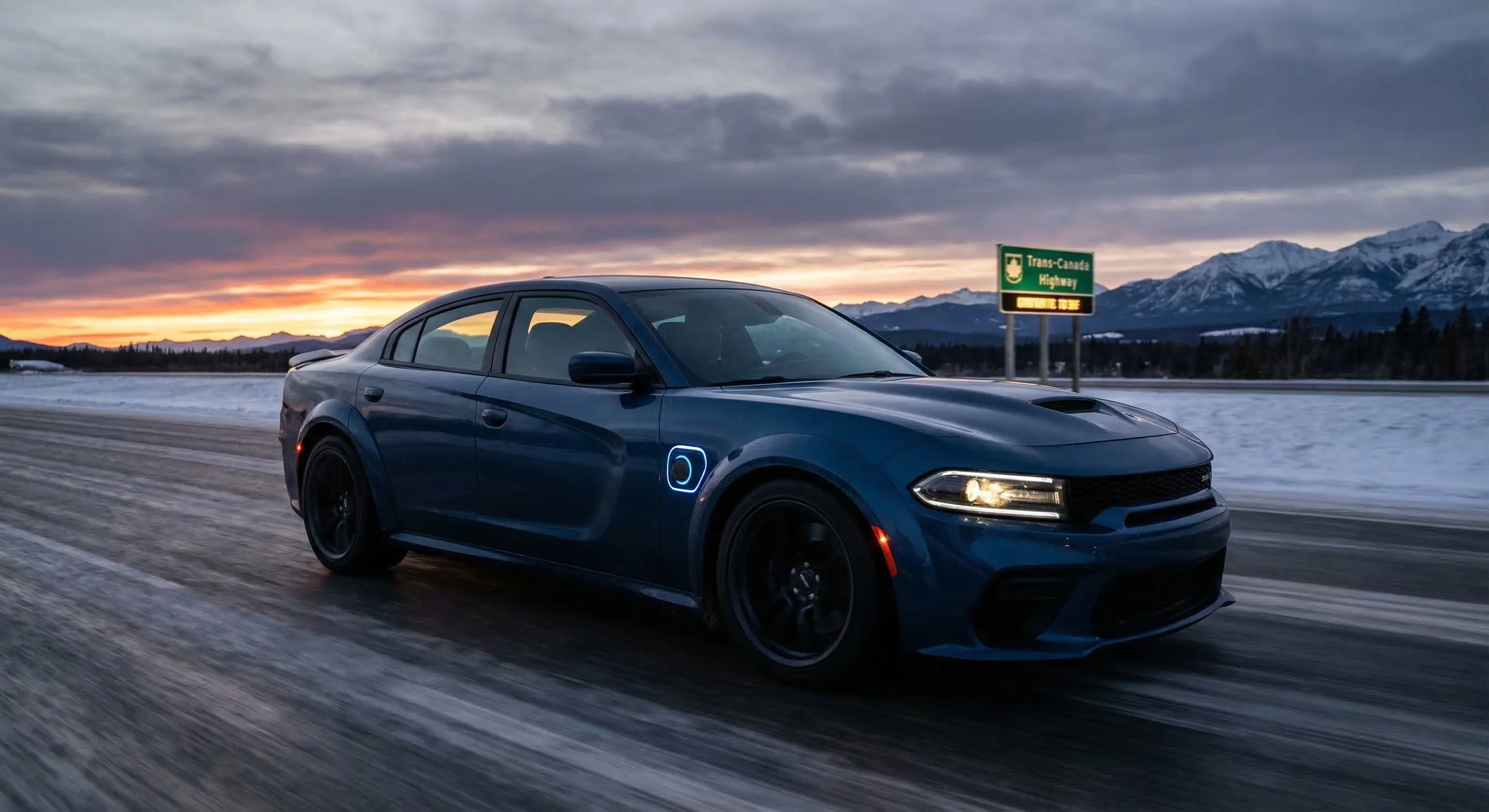 Dodge Charger Daytona electric muscle car on a Canadian highway at dusk showcasing wide-body stance and American EV performance