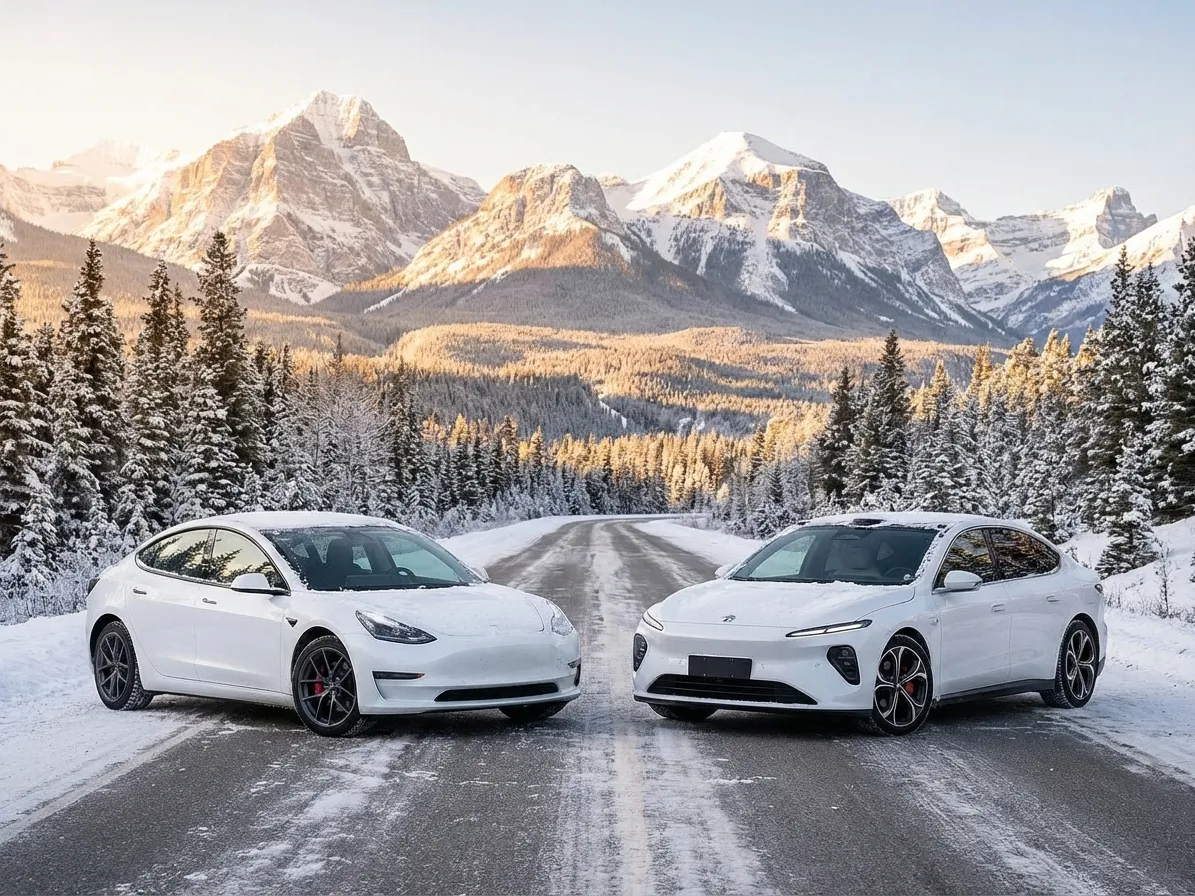 Tesla Model 3 and NIO ET5 side by side for premium EV comparison