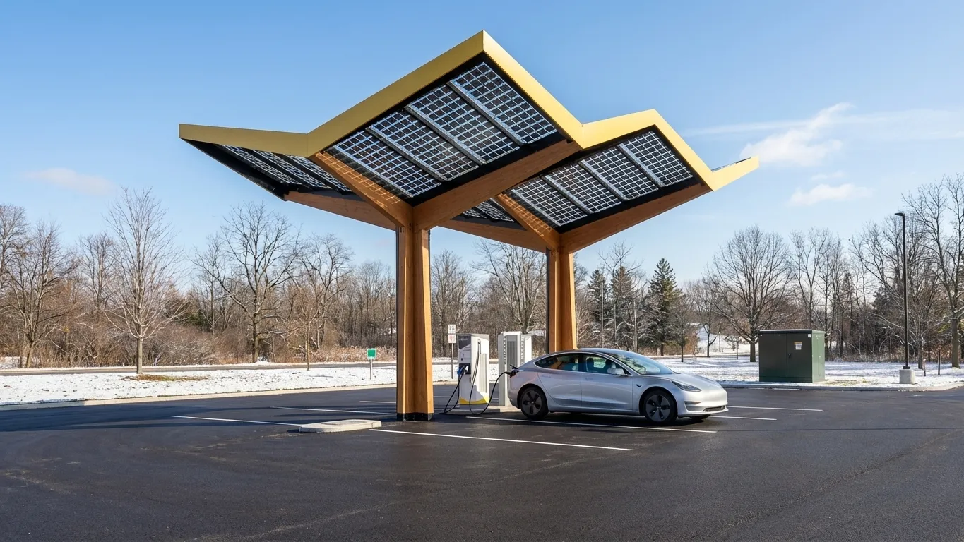 DC fast charging station with electric vehicle plugged in