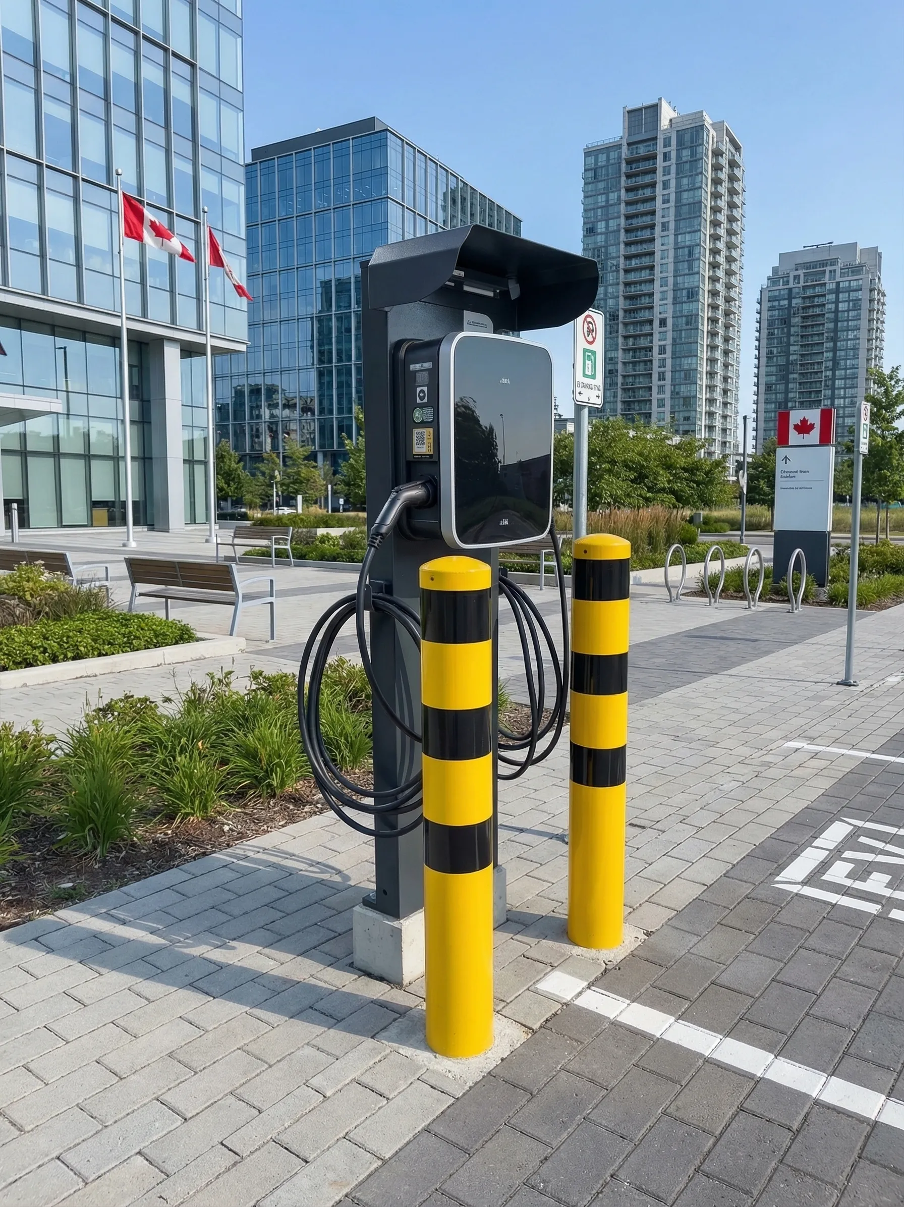 Public EV charging station in a Canadian urban setting