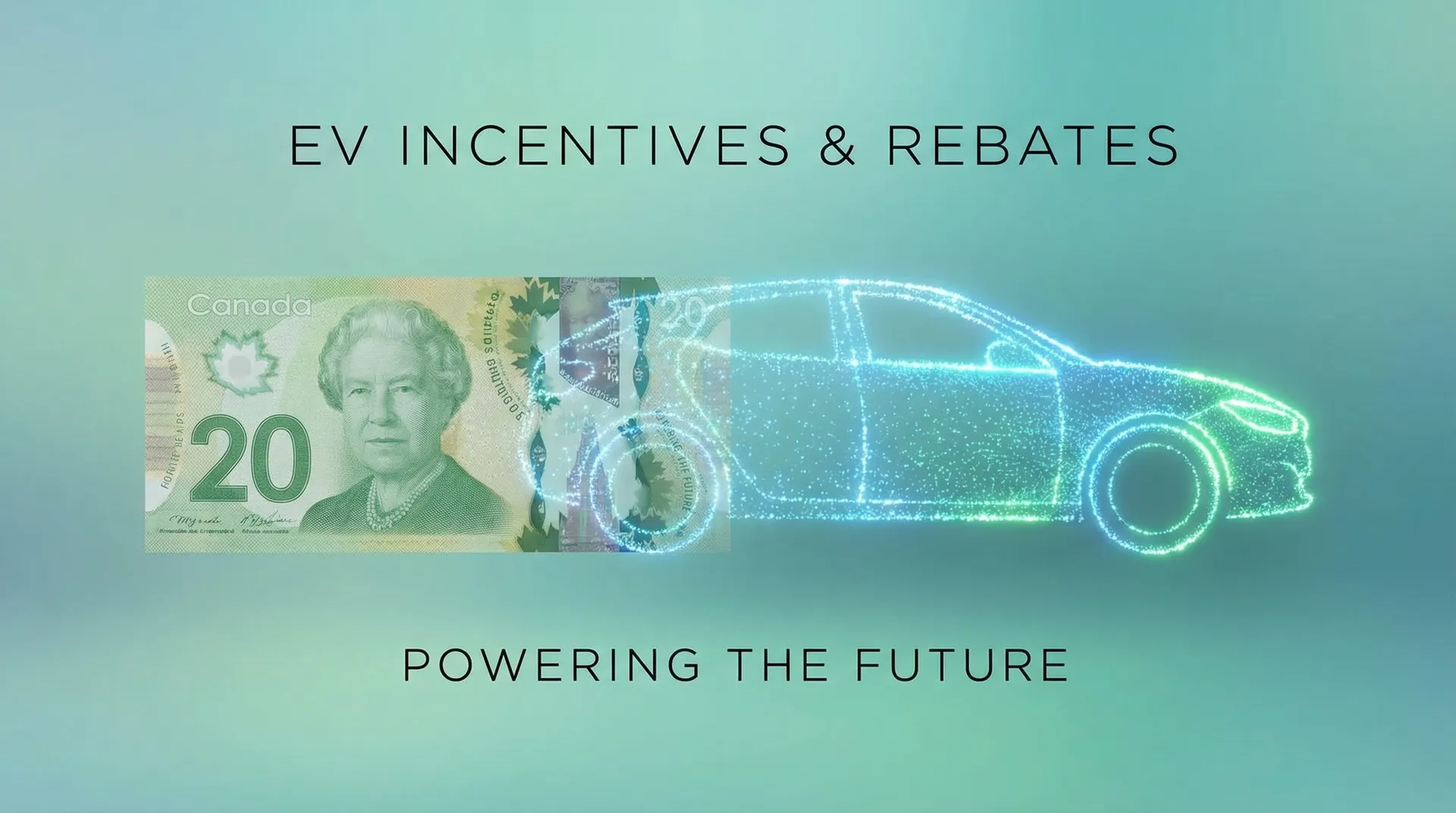 Electric vehicle with Canadian dollar bills and rebate symbols representing EV incentives