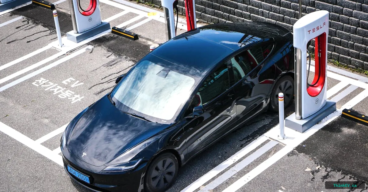 Electric vehicle and gas car side by side in a Canadian setting