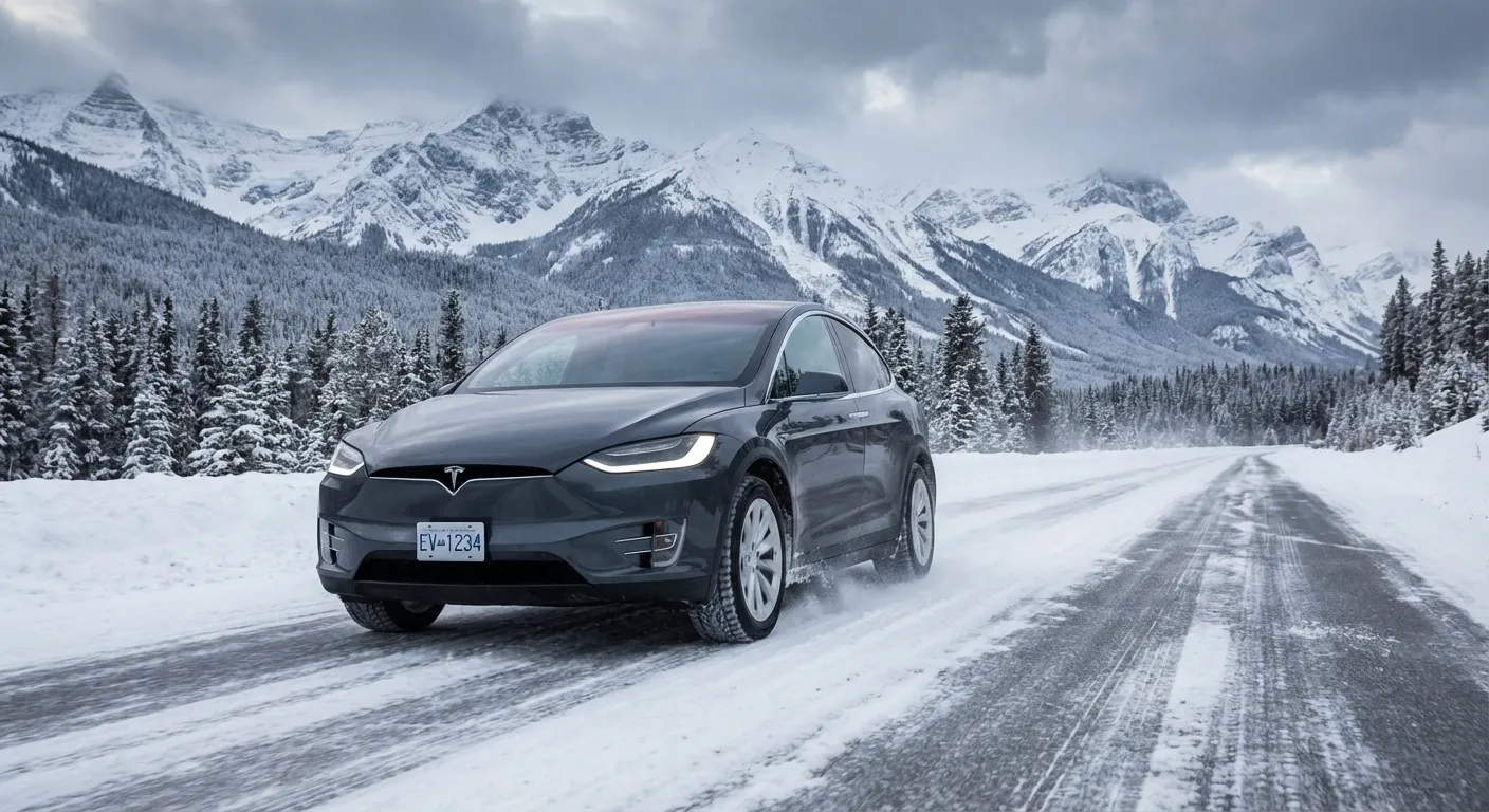 Electric vehicle driving on snowy Canadian highway testing winter range