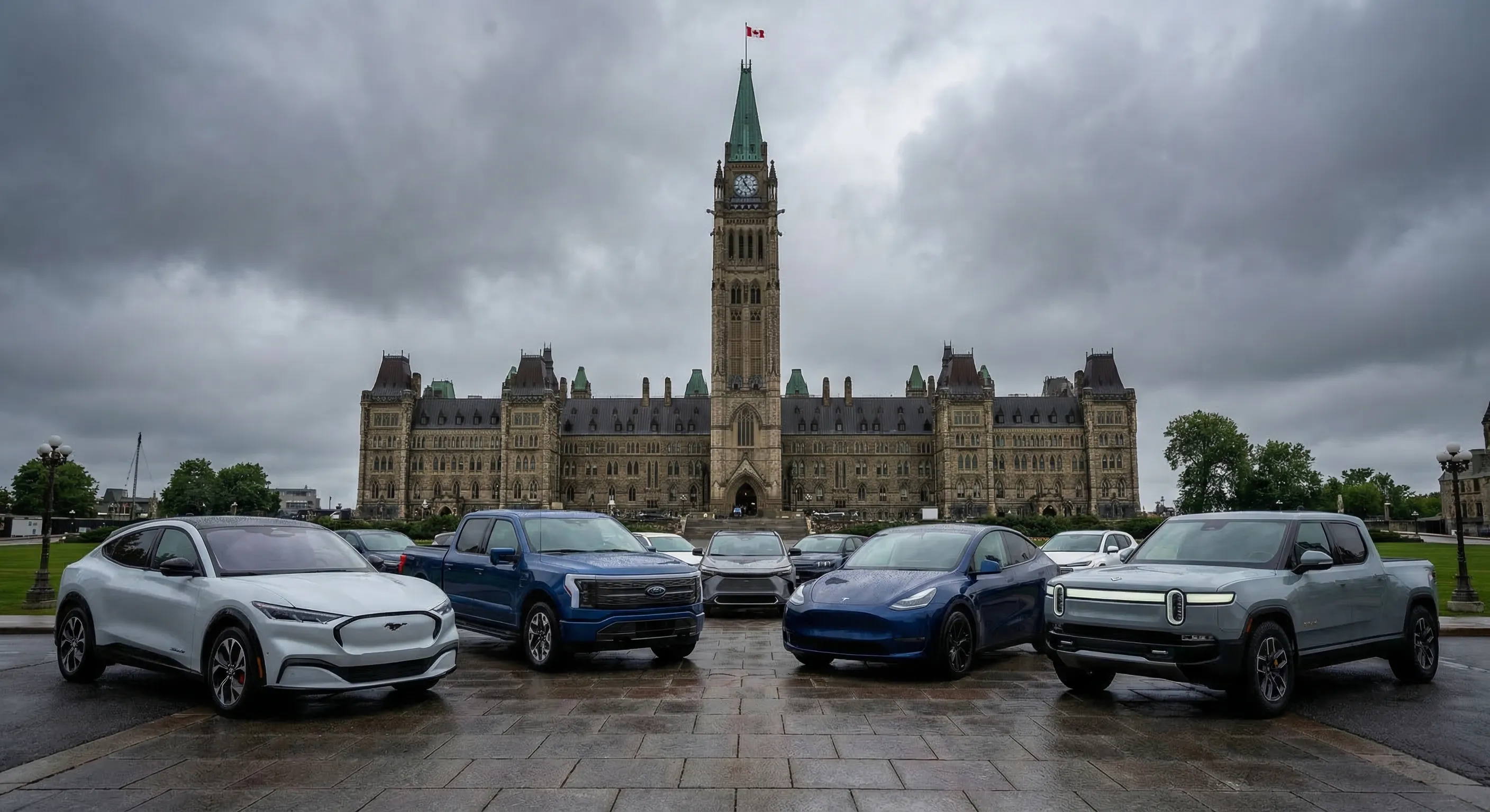 Aerial view of Canadian Parliament and electric vehicles representing the federal ZEV mandate and national clean transportation policy