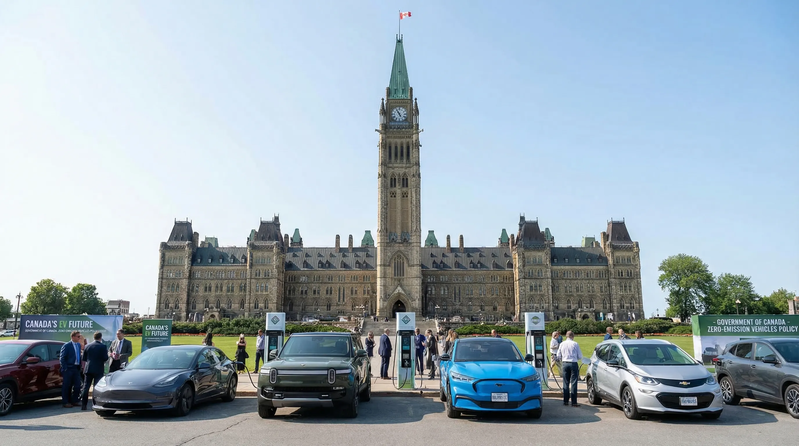 Canadian Parliament buildings in Ottawa with electric vehicles in the foreground, representing federal EV emissions policy and the ZEV mandate
