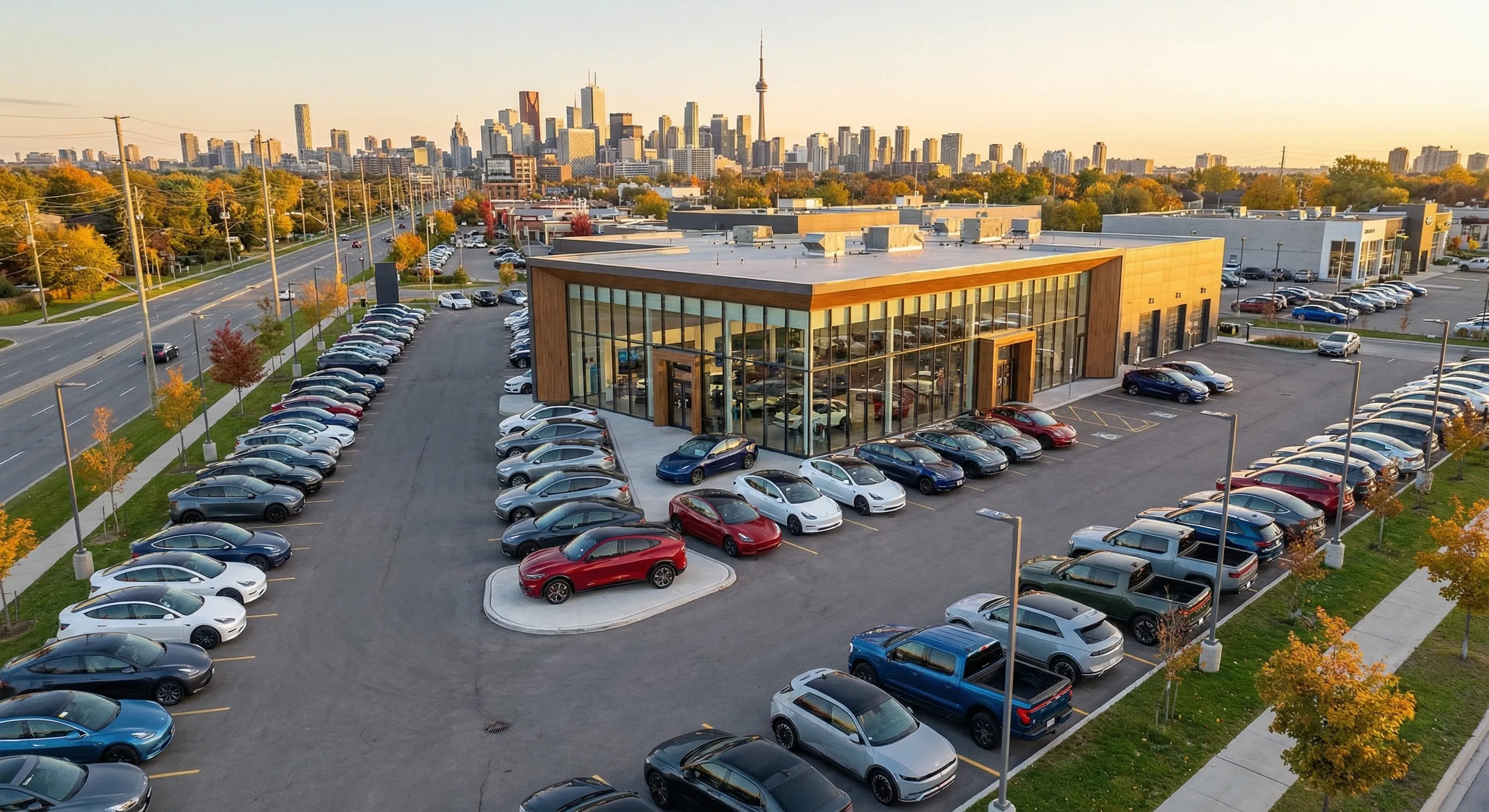 Canadian EV dealership aerial view