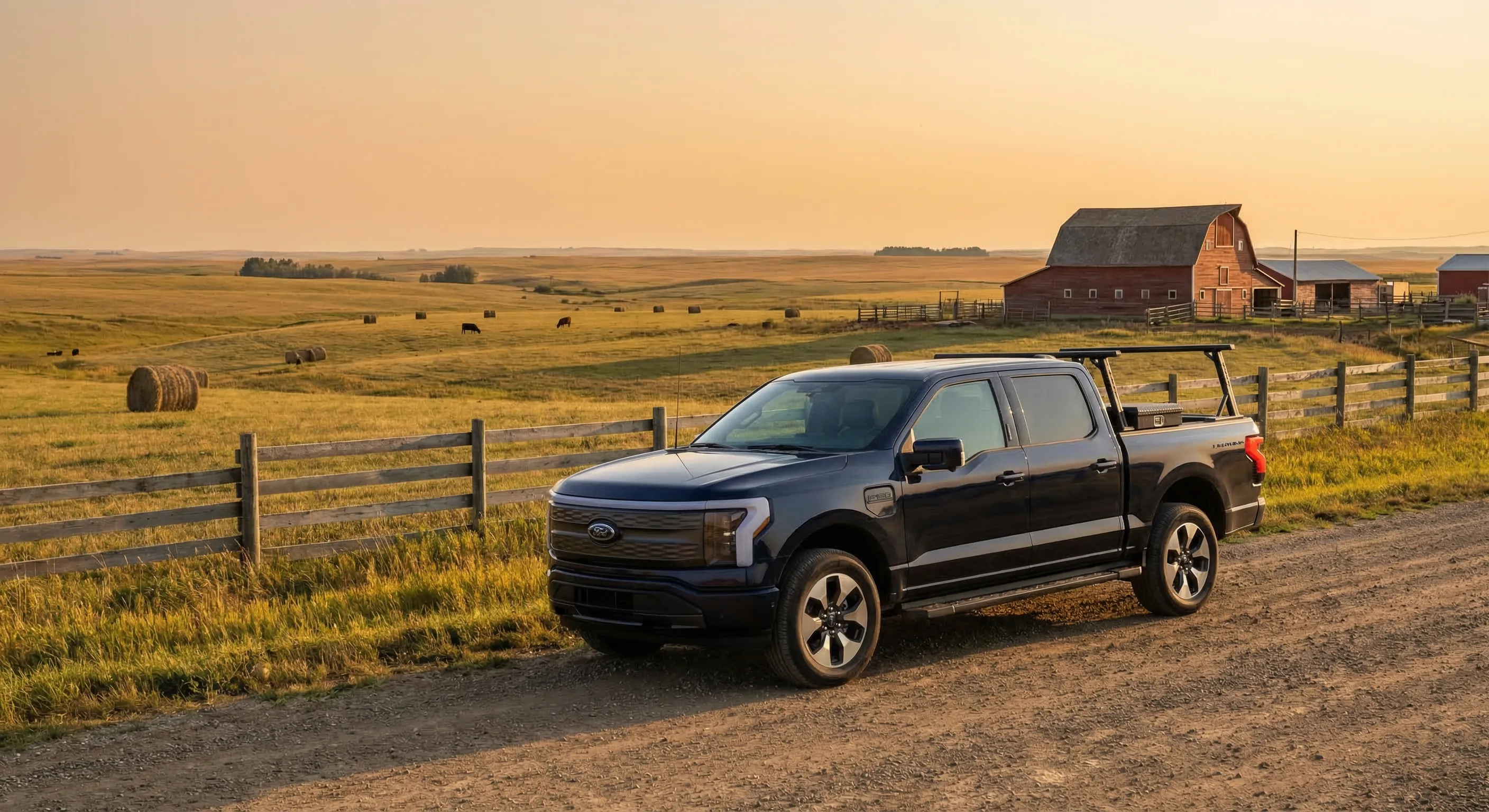 Ford F-150 Lightning electric truck on a Canadian farm ranch with prairie fields and wooden fence in rural setting