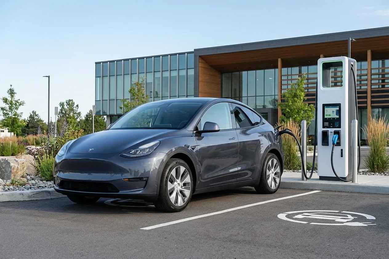 Tesla Model Y at a charging station in Canada