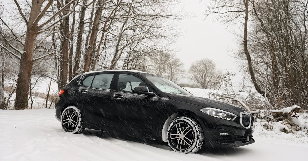 Electric vehicle in winter driving conditions with snow on the road in Canada