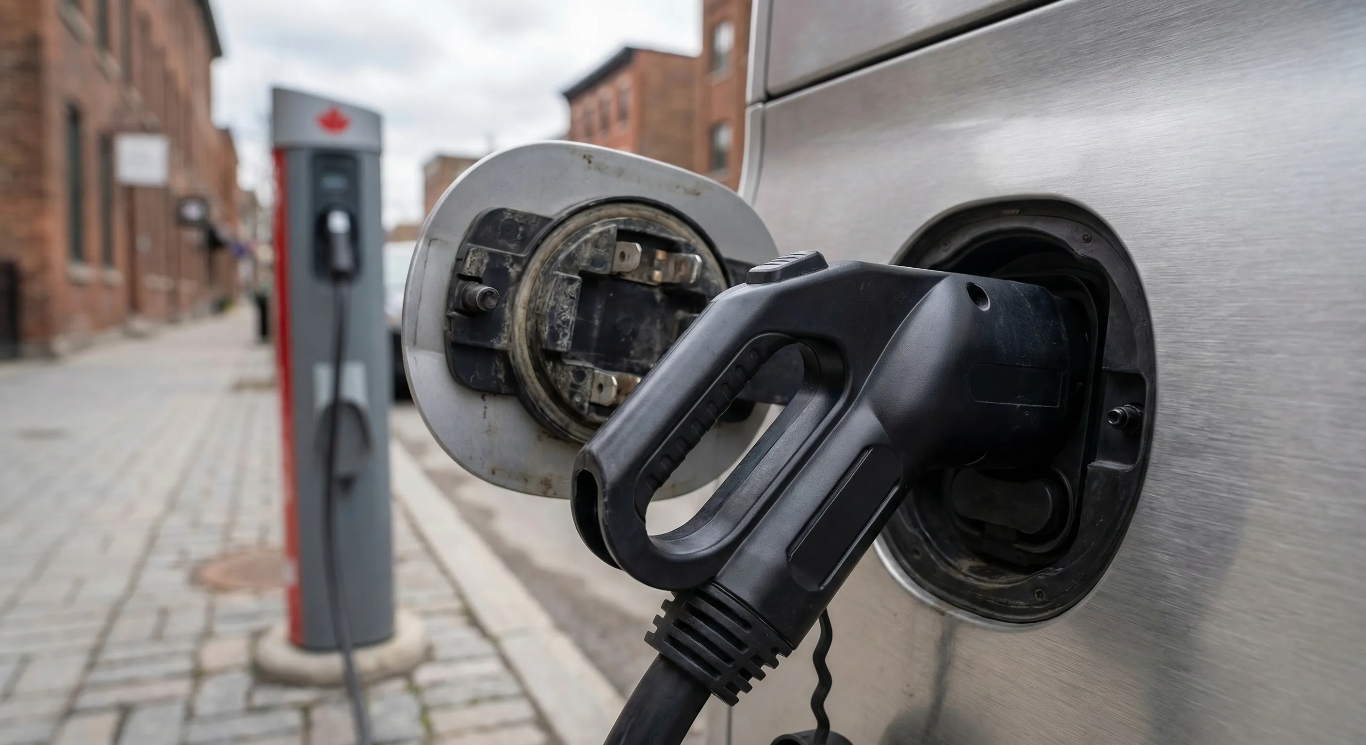 EV charging port detail at Canadian charging station