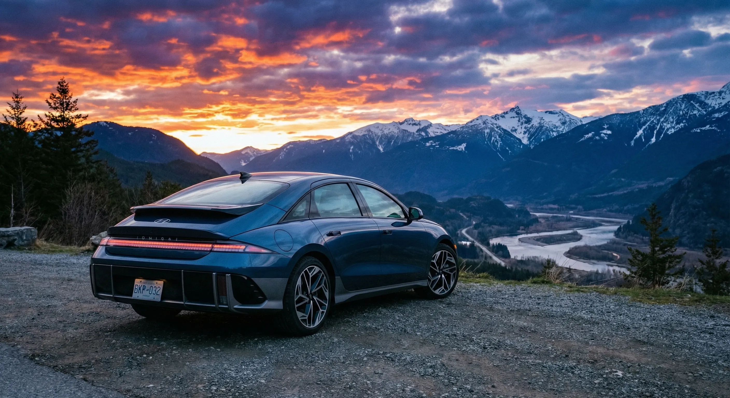 Hyundai Ioniq 6 Canada Review rear view in Canadian mountain setting