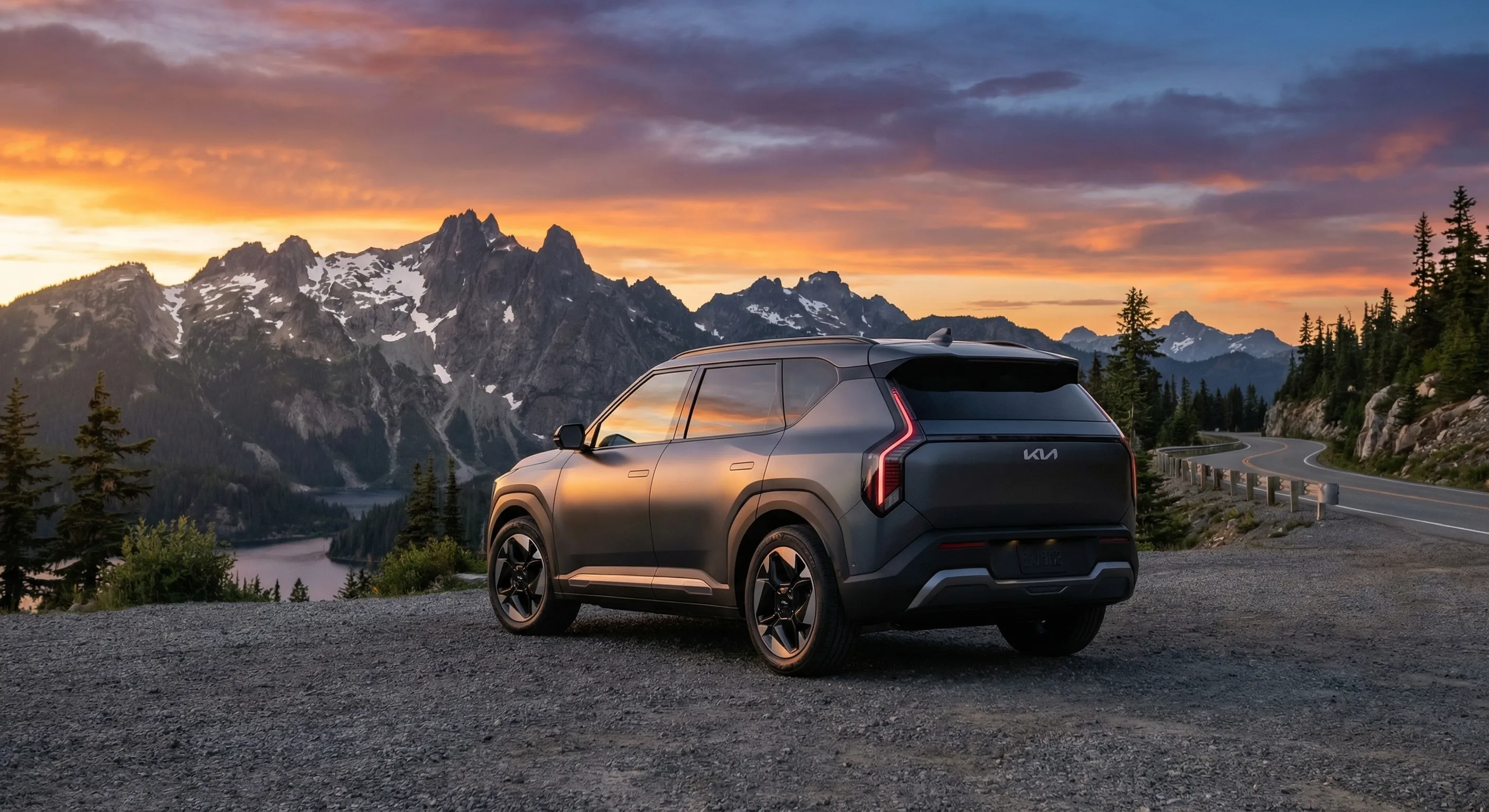 Kia EV3 Canada Review rear view in Canadian mountain setting