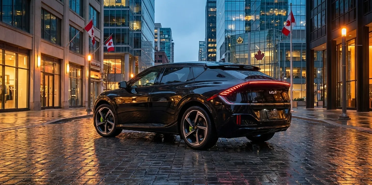 Kia EV6 electric vehicle exterior in a Canadian urban setting