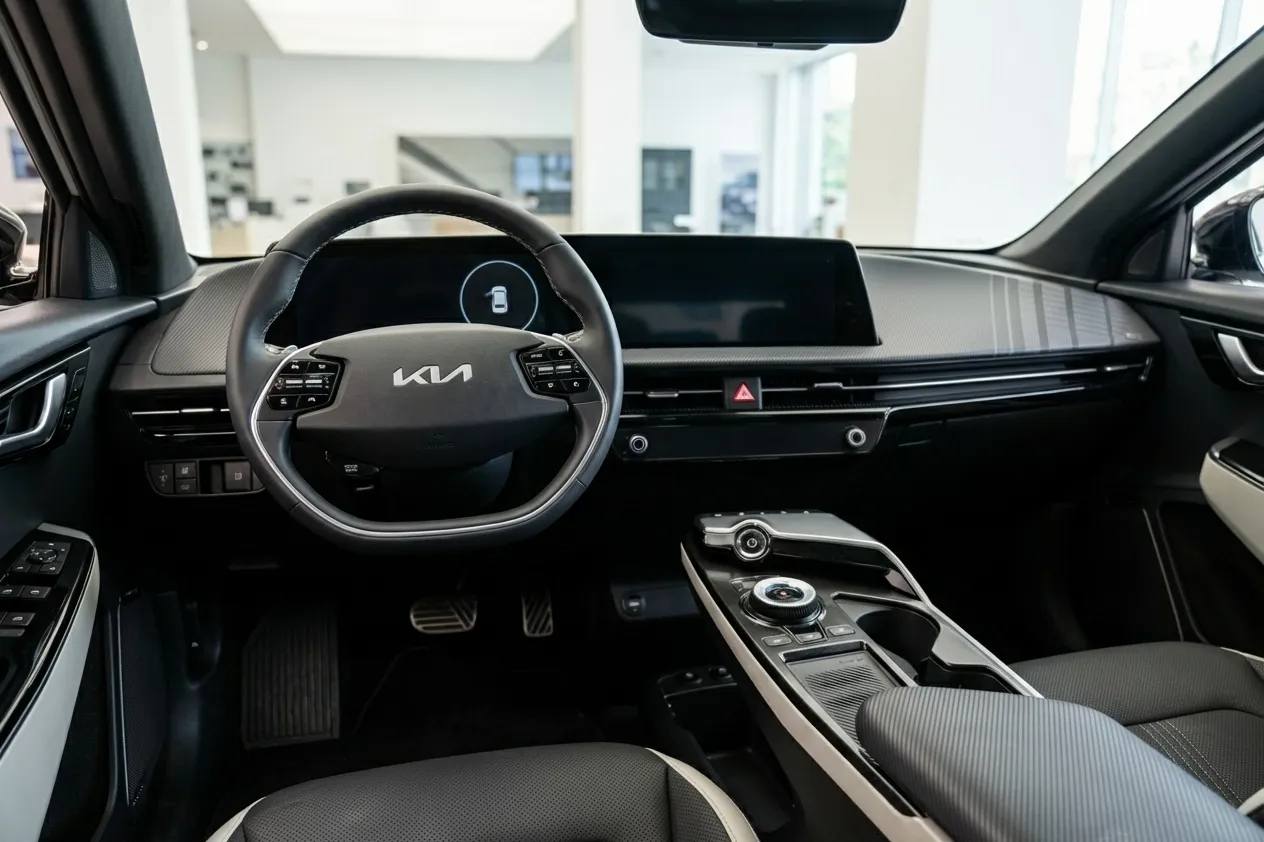 Kia EV6 interior showing dashboard displays and premium materials