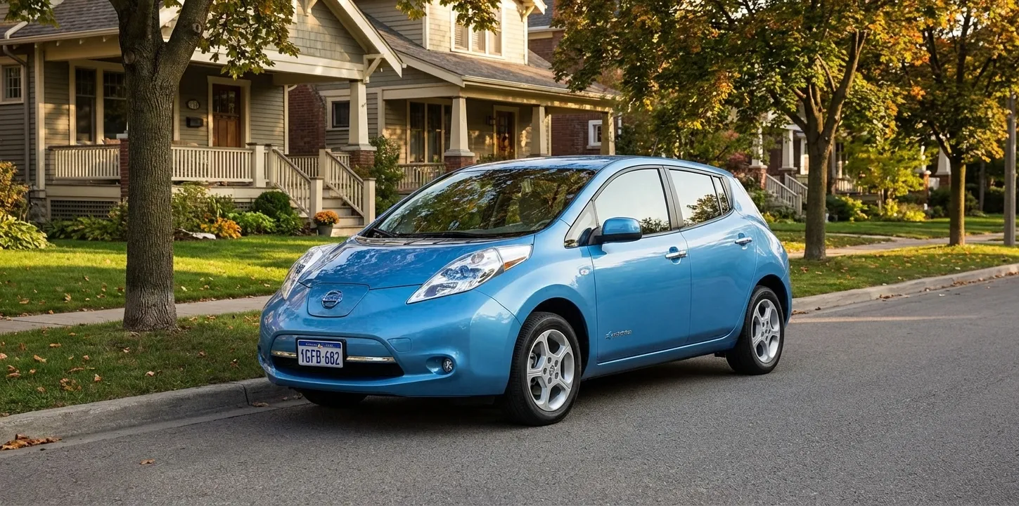 Nissan Leaf affordable electric car in a Canadian neighborhood