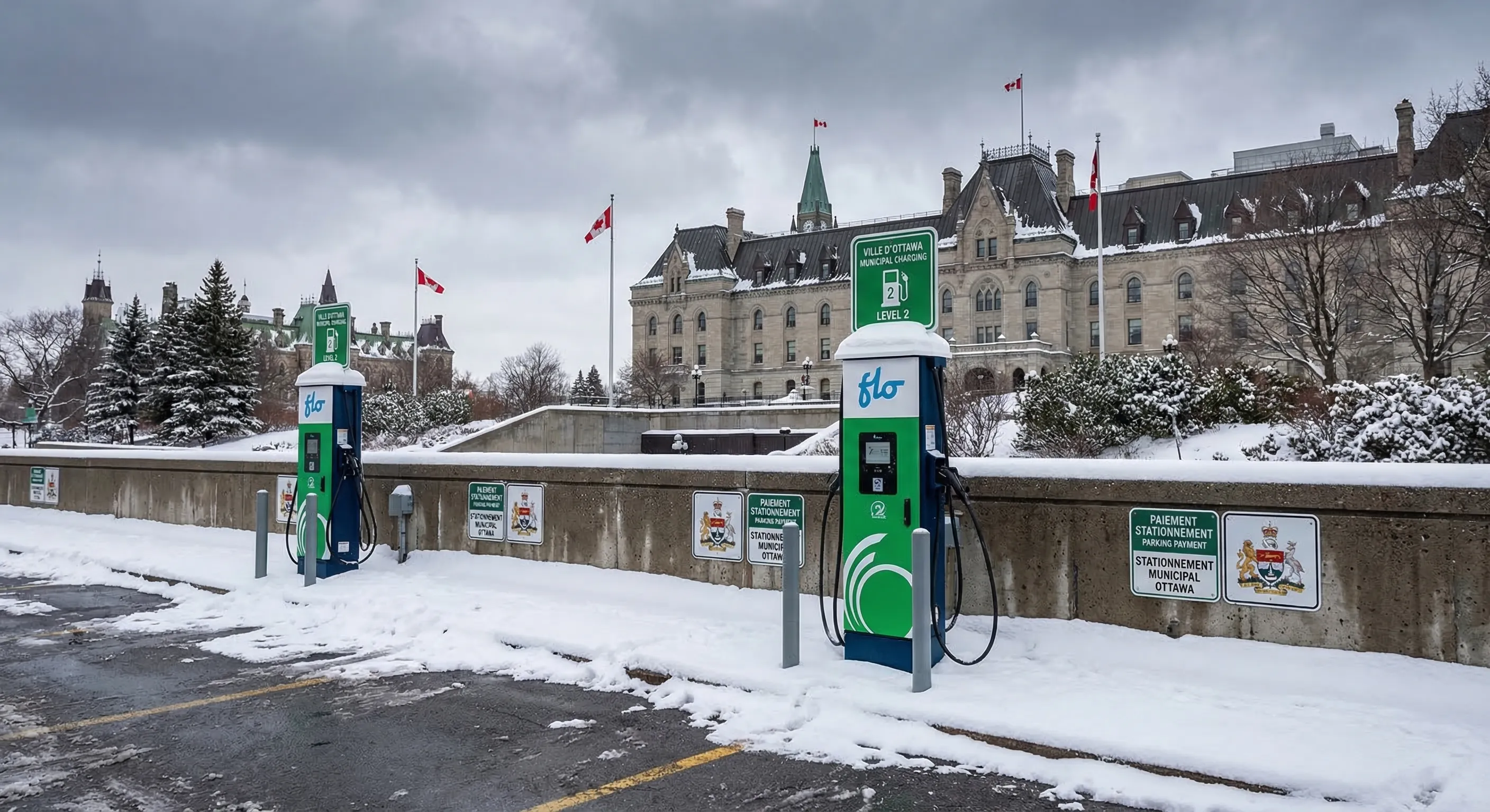 City of Ottawa municipal parking lot with EV charging stations serving government employees and visitors
