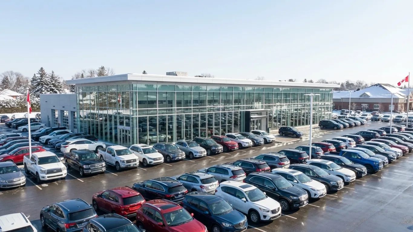 New car dealership parking lot with fresh EV inventory