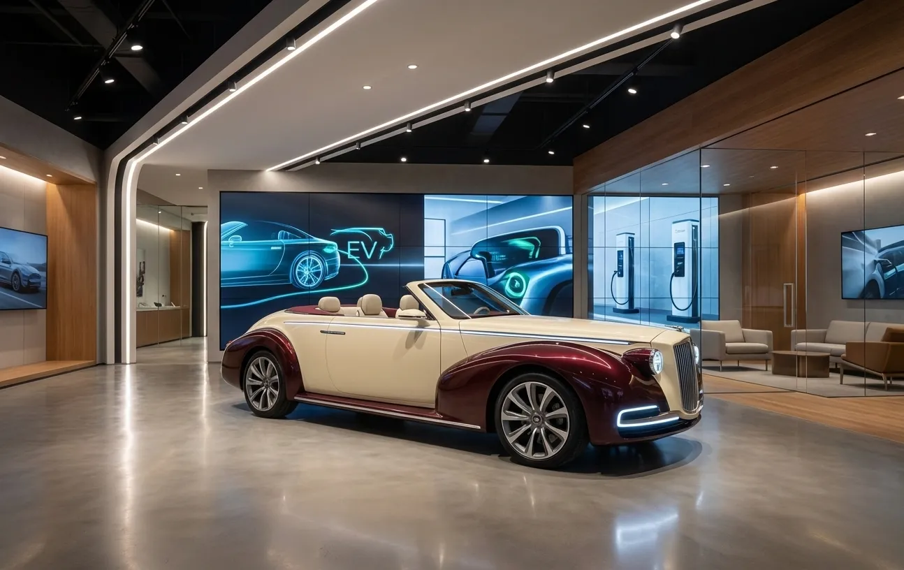 Modern electric vehicle showroom with premium lighting and displays
