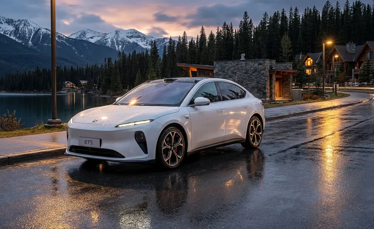 NIO ET5 premium electric sedan in a luxury Canadian mountain setting