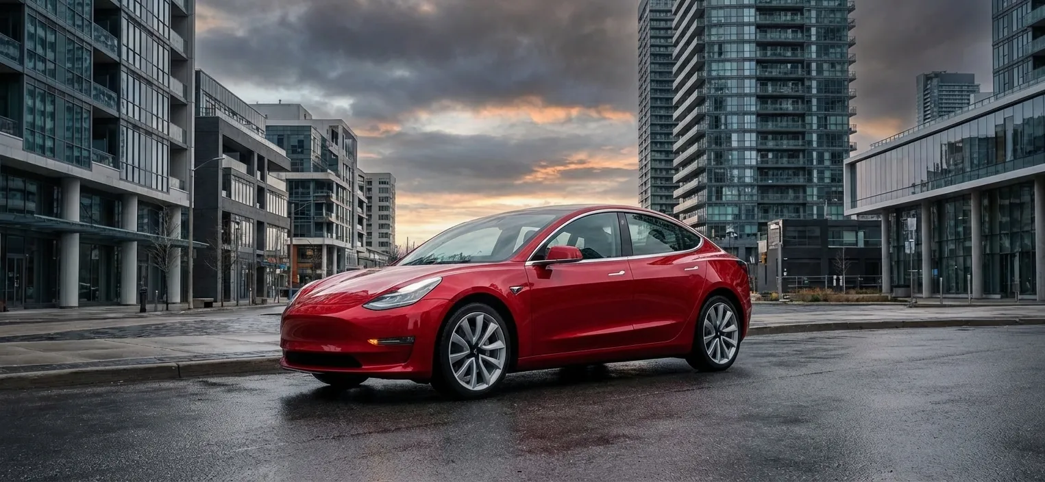 Tesla Model 3 electric sedan in a premium Canadian urban setting