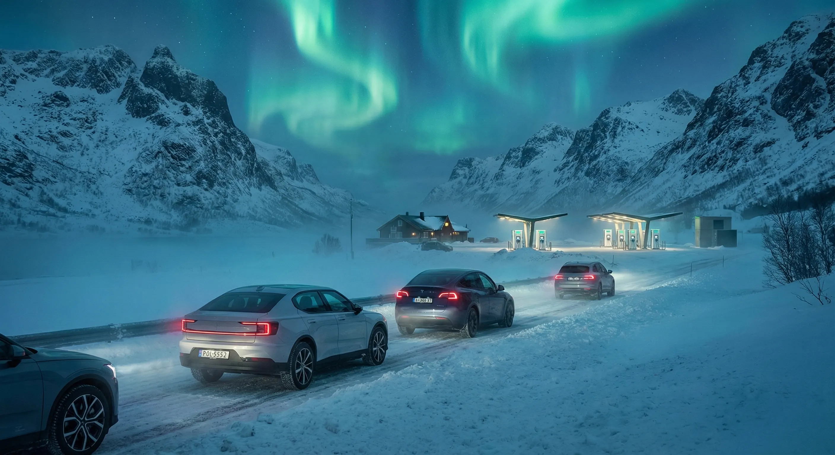EV vehicles driving through snow-covered Norwegian mountain roads in extreme winter conditions