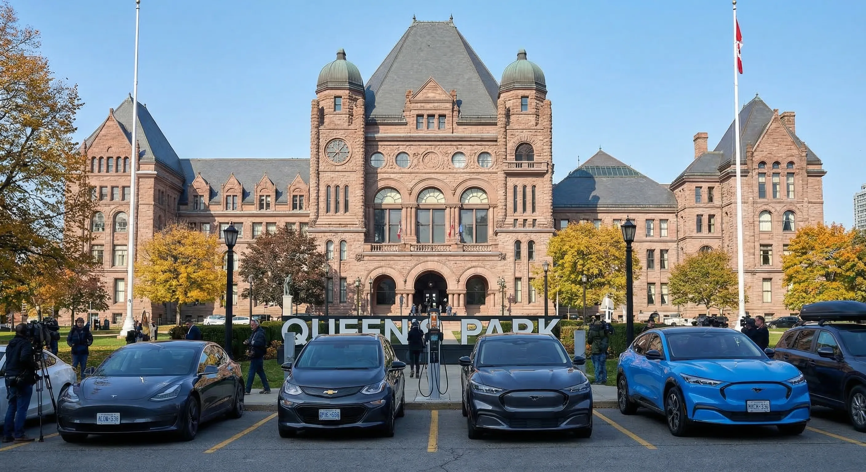 Ontario Queen's Park legislative building with electric vehicles representing EV rebate policy gap and market adoption consequences