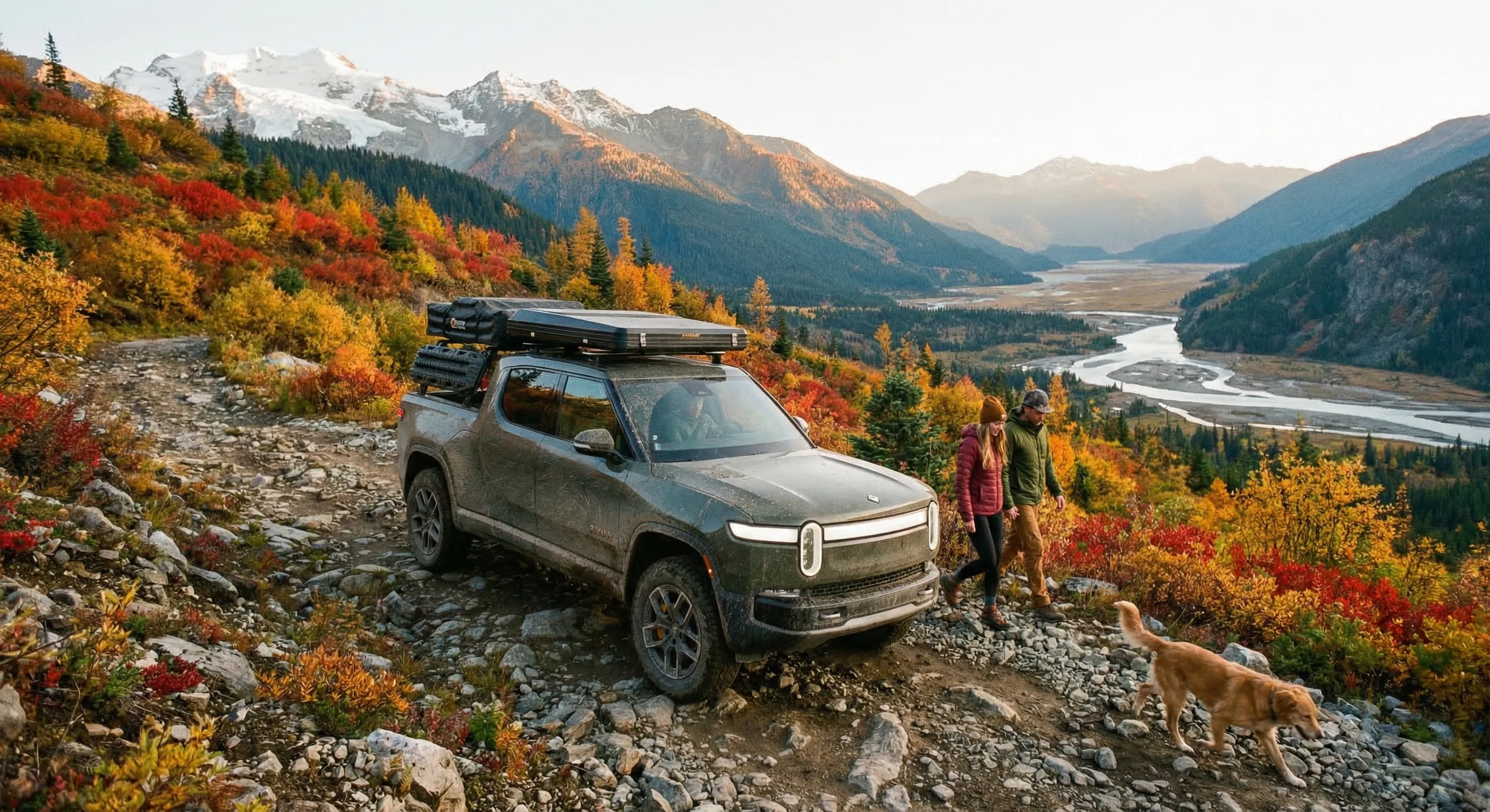 Rivian R1T electric truck on rugged British Columbia mountain trail demonstrating off-road capability in Canadian backcountry wilderness