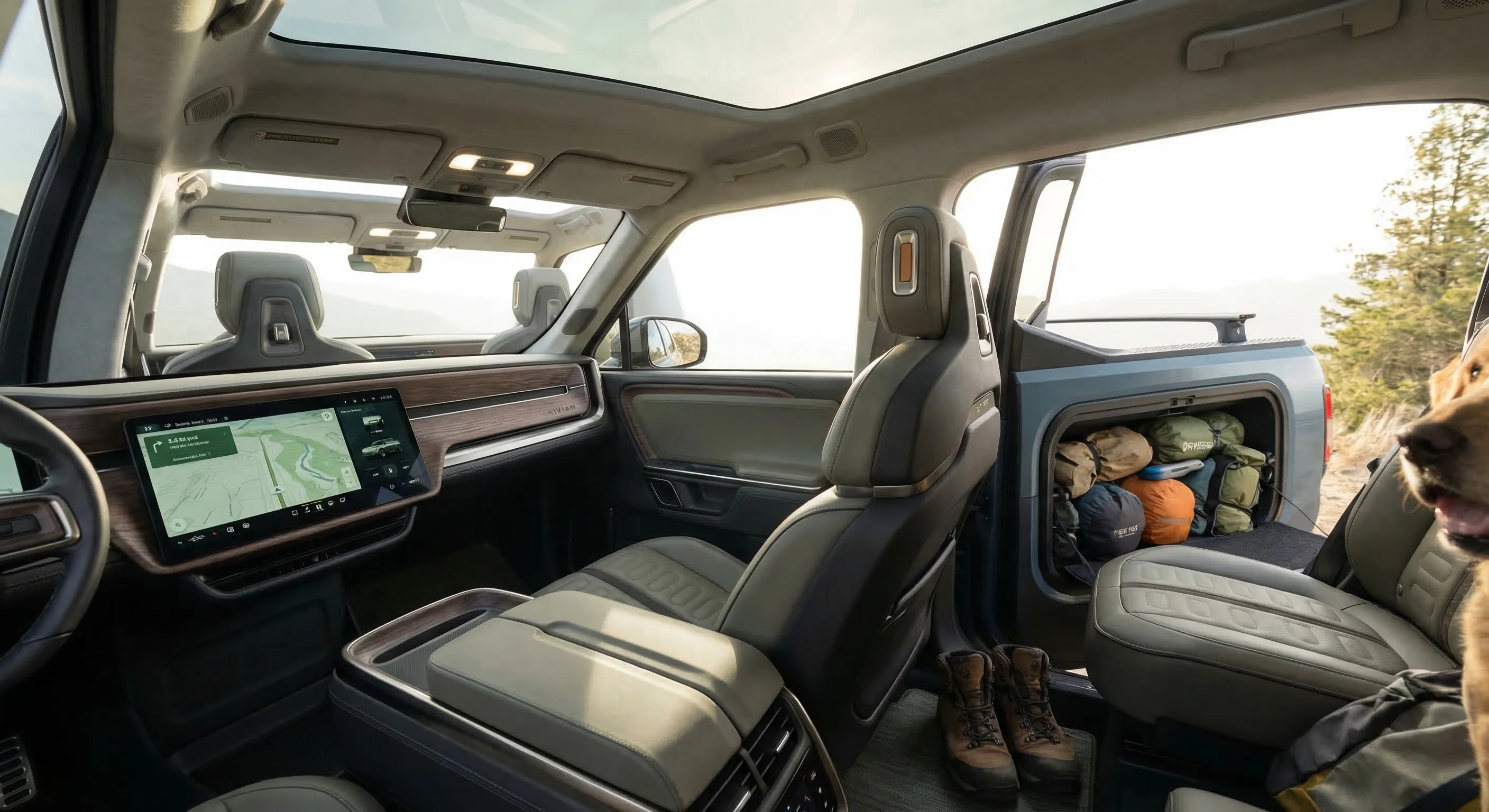 Rivian R1T interior showing the large portrait-orientation touchscreen and adventure truck cabin — technology and gear tunnel detail