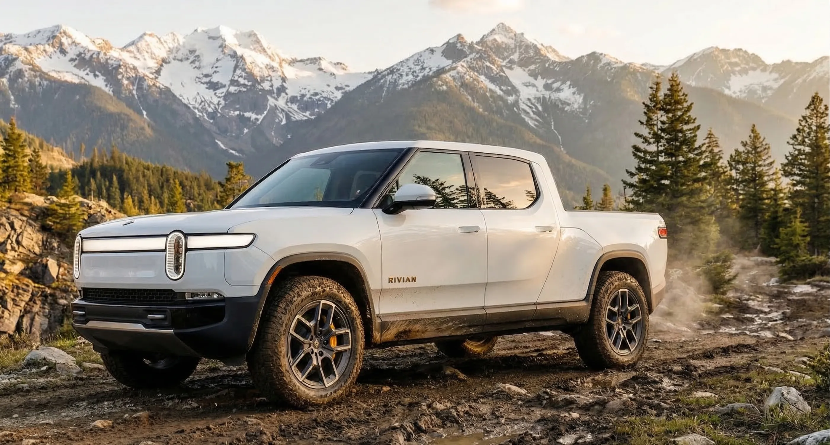 Rivian R1T on a Canadian Rocky Mountain trail — off-road capability demonstration
