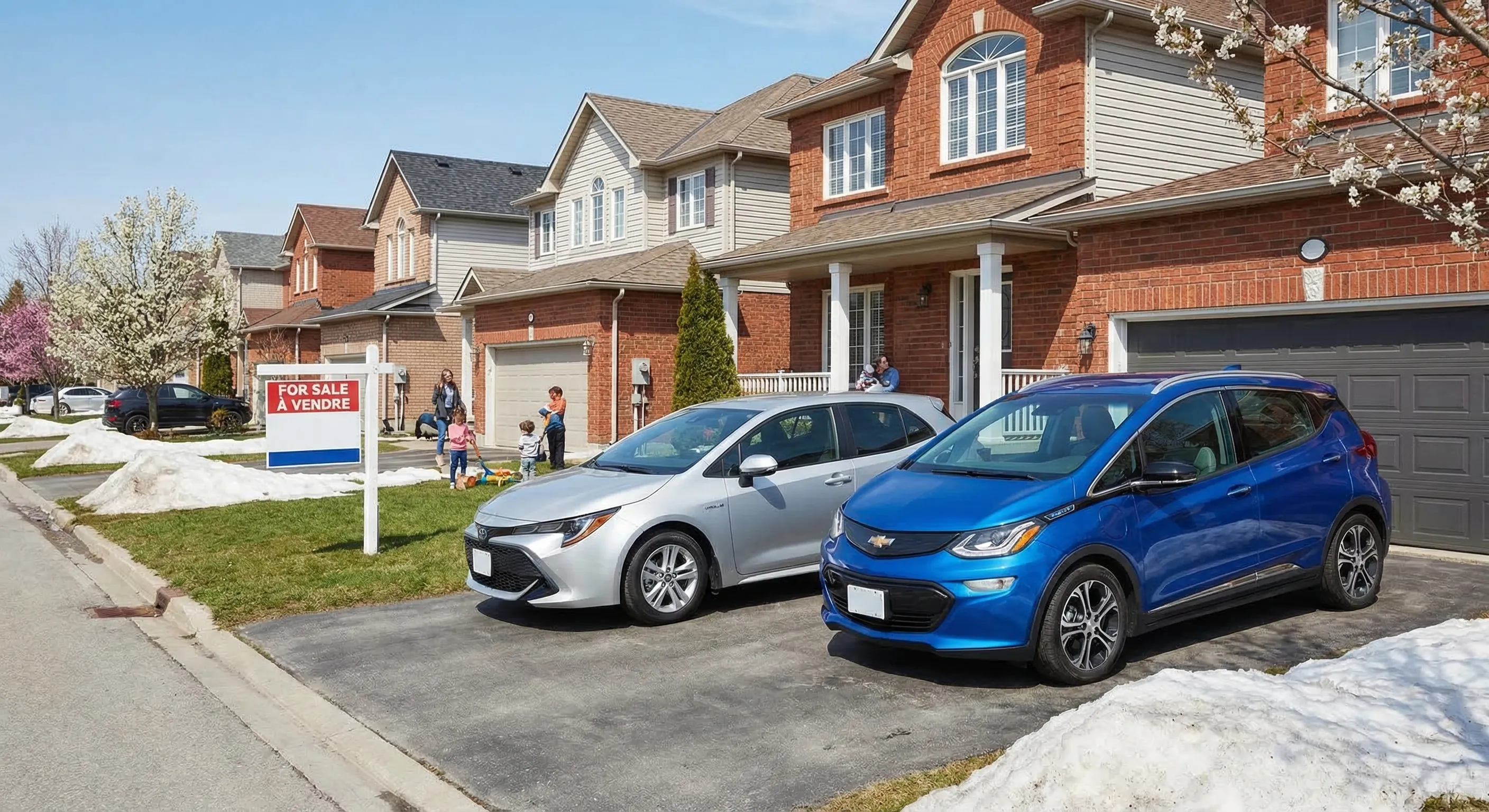 Toyota Corolla and Chevrolet Bolt EV side by side in a Canadian suburb — the real-world cost comparison that changes the calculation
