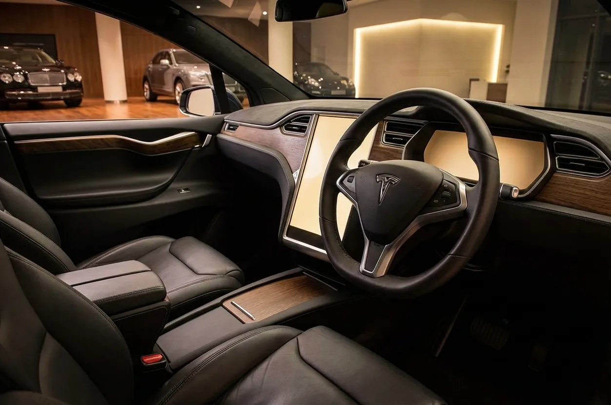 Tesla Model X interior in a premium showroom setting