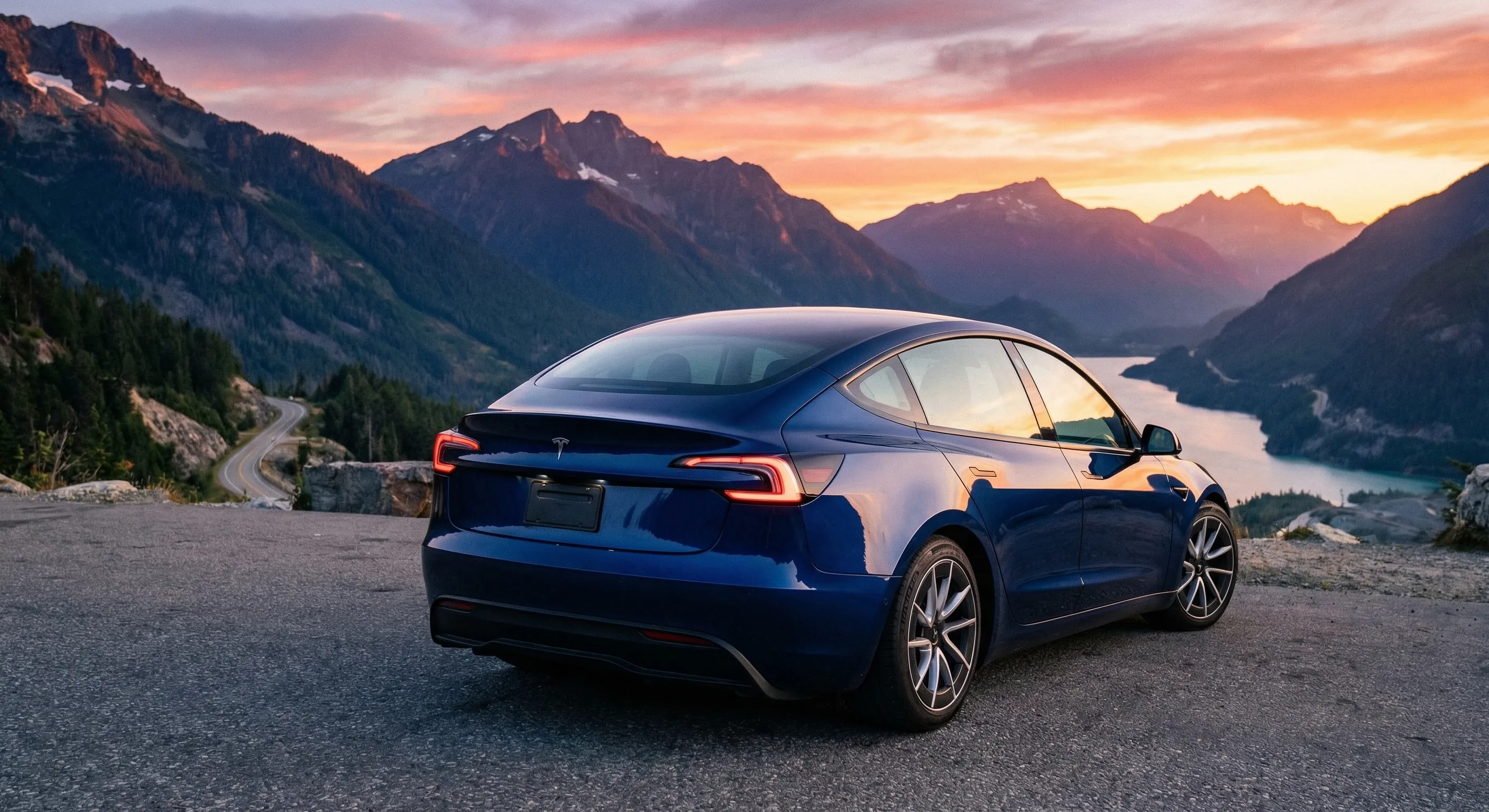 Tesla Model 3 Highland Canada Review rear view in Canadian mountain setting