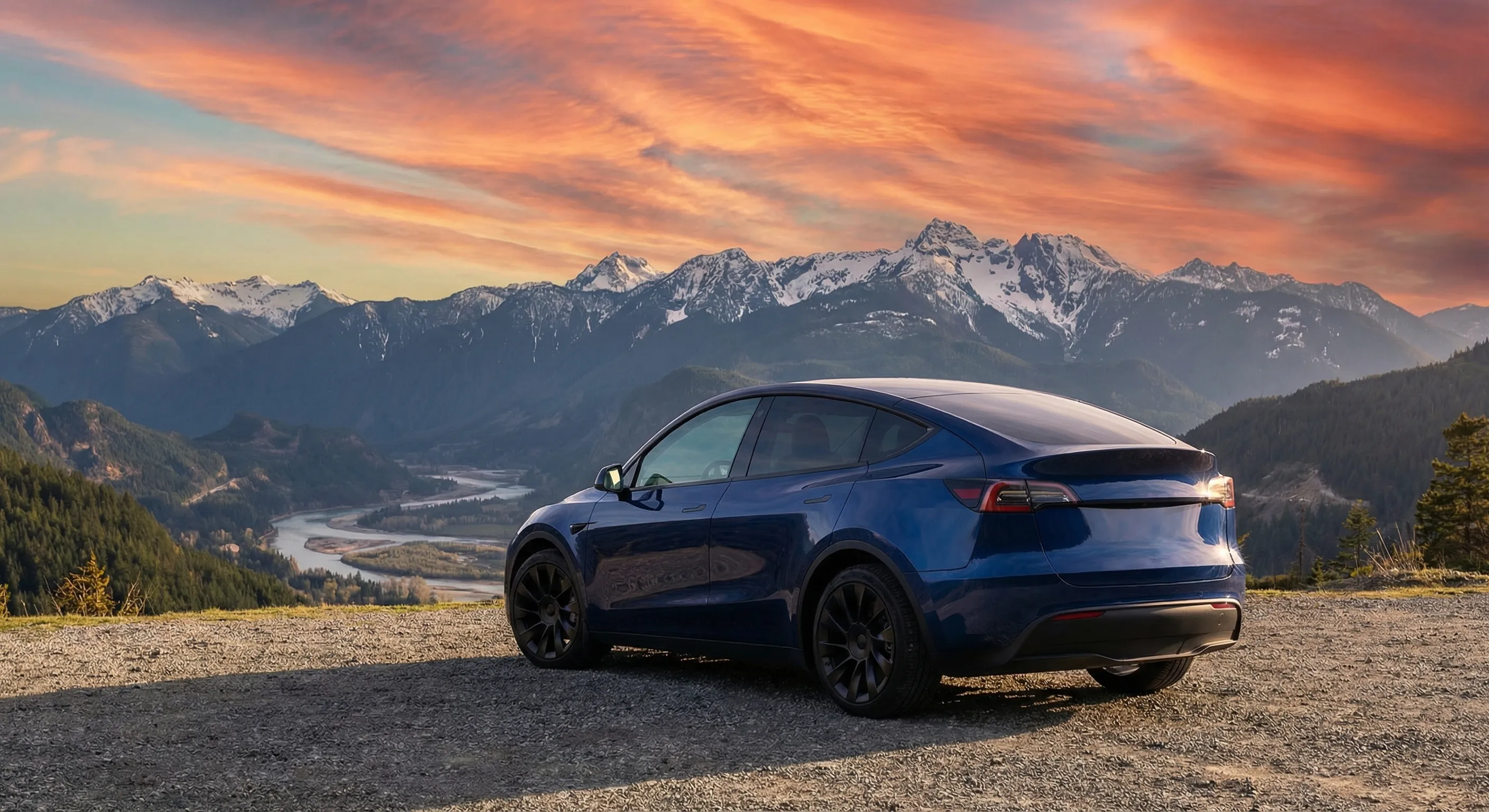 Tesla Model Y Canada Review rear view in Canadian mountain setting
