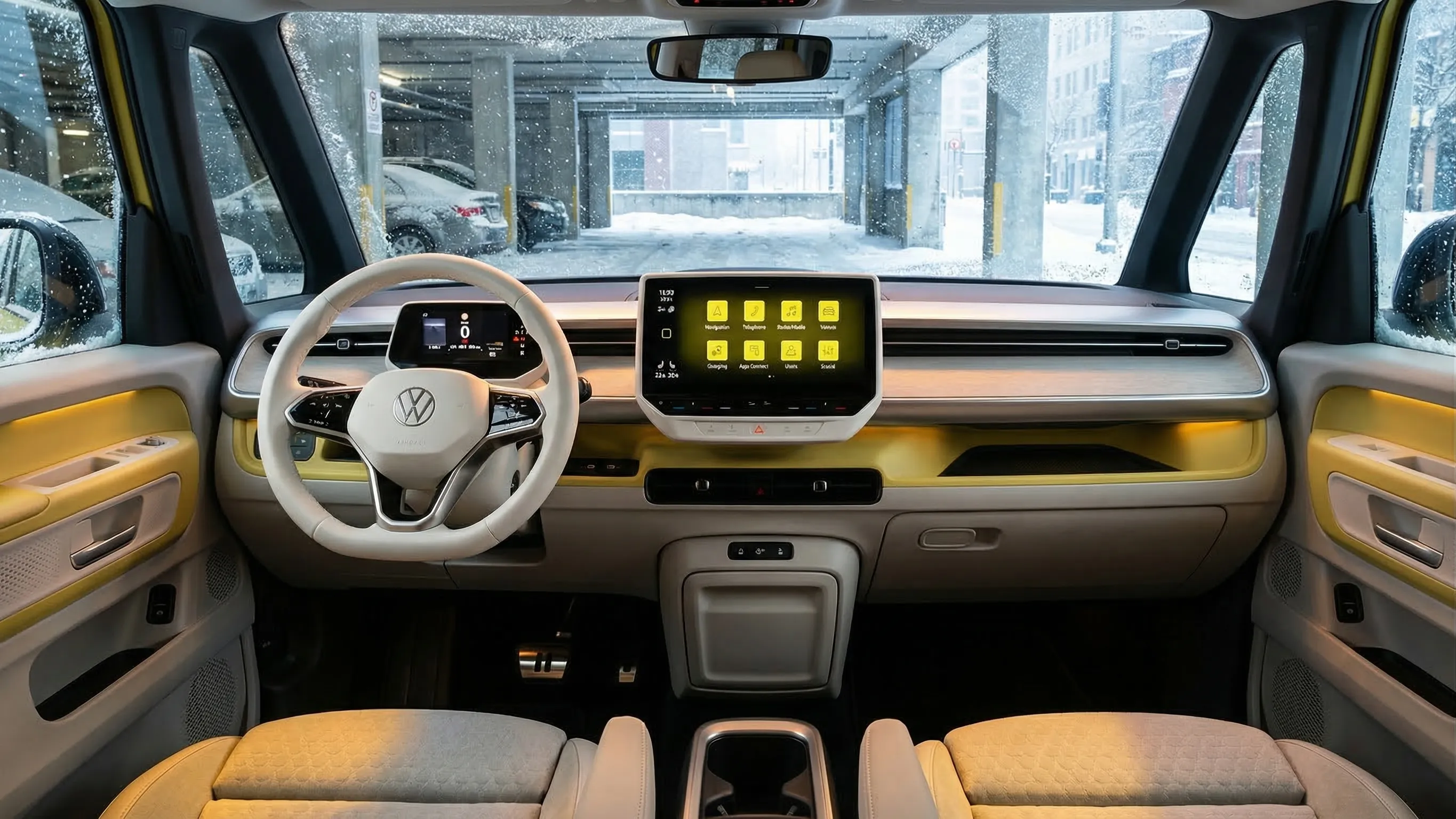 VW ID.Buzz interior with Canadian winter backdrop