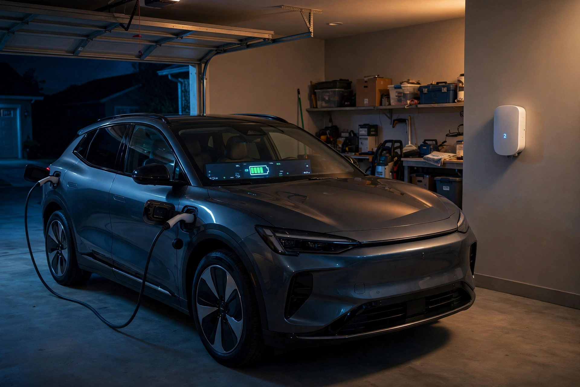 An electric vehicle charging at a home Level 2 charger at night with its charge display showing 100 percent.