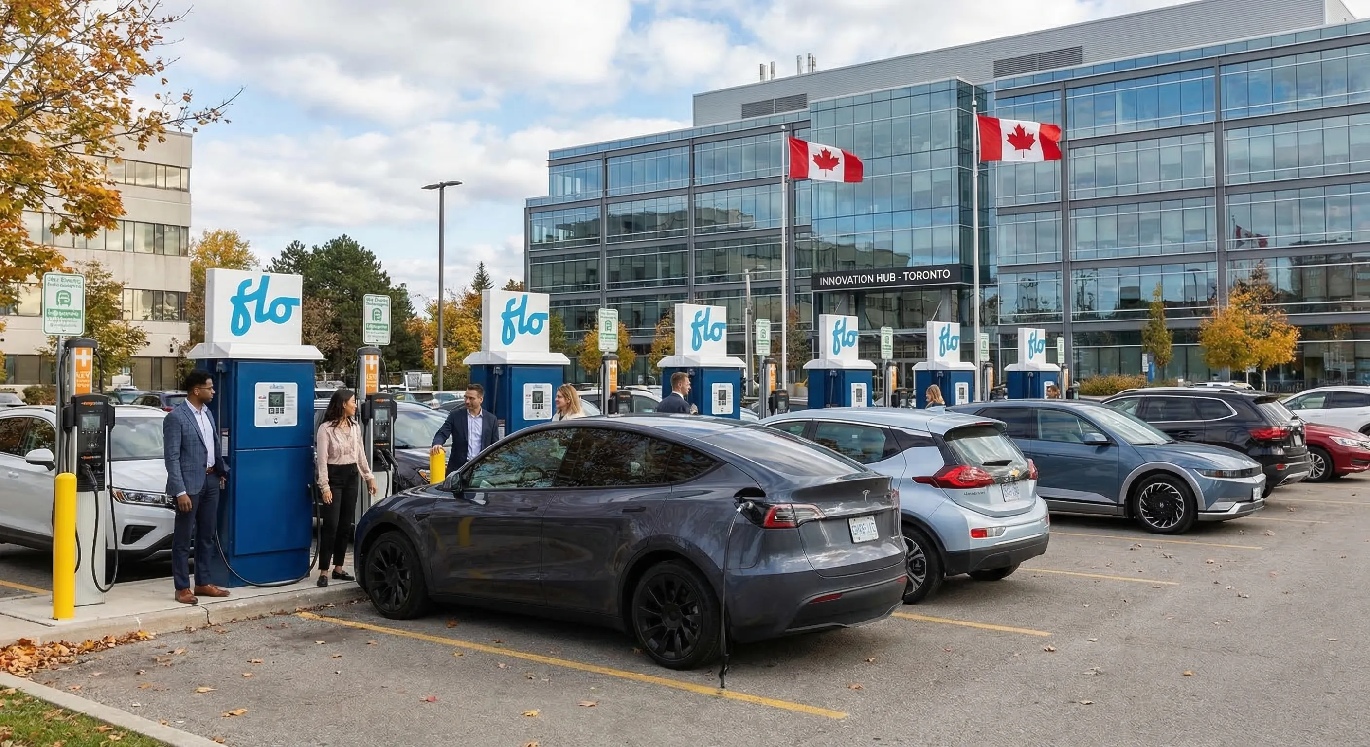 Employees at a modern Canadian office building plugging in their electric vehicles at workplace Level 2 charging stations — professional EV charging at work