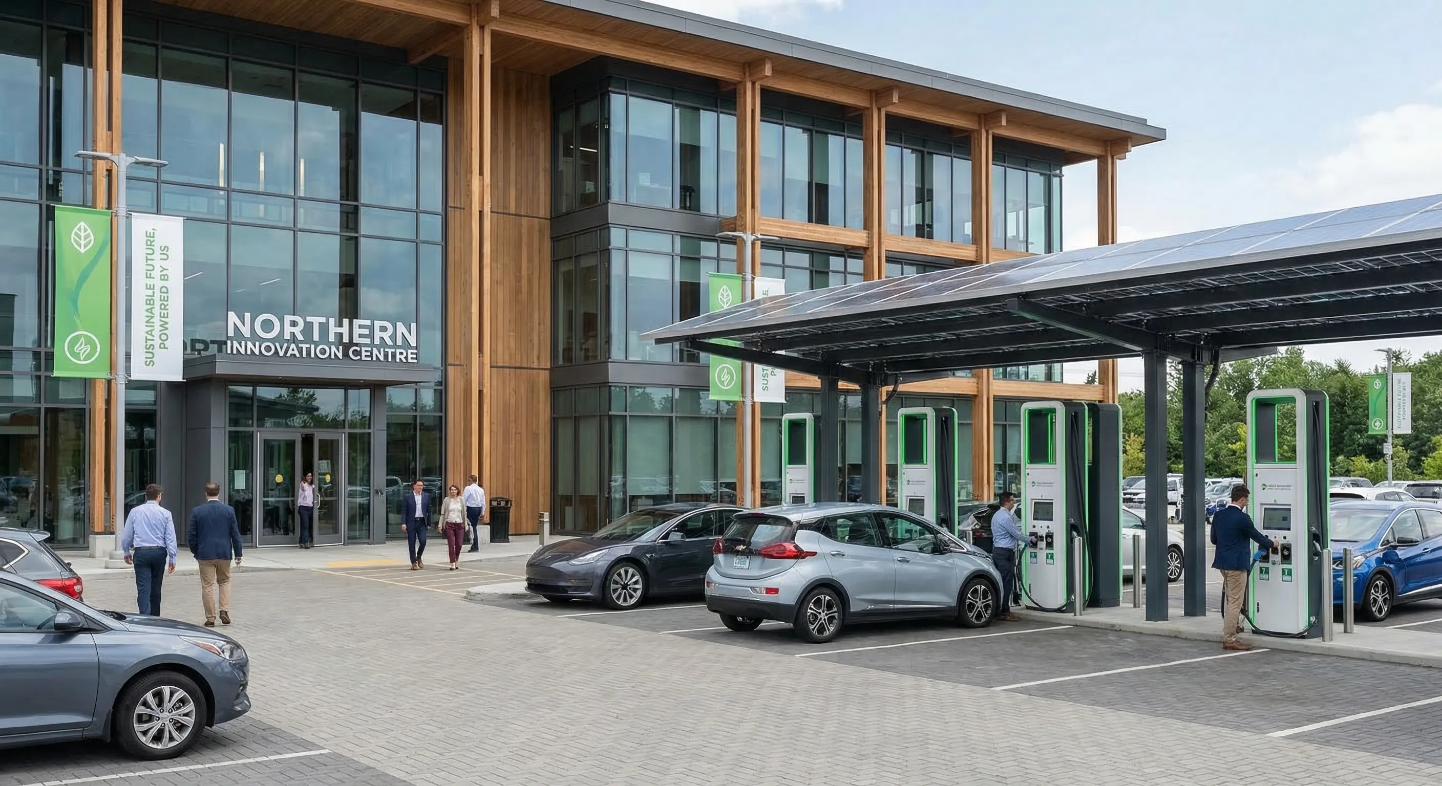 Modern Canadian office building parking lot with multiple EV charging stations and employees charging electric vehicles
